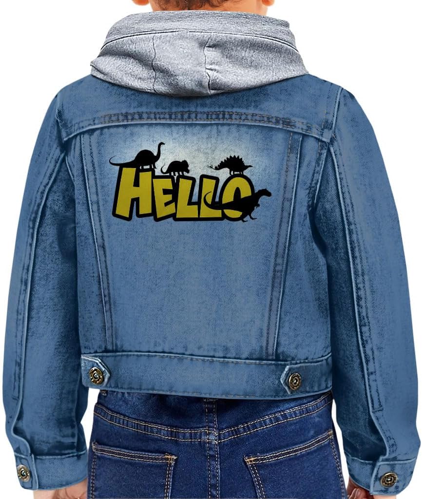 Hello Dino Toddler Hooded Denim Jacket - Dinosaur Print Clothing - Cute Dino Themed Boy Present