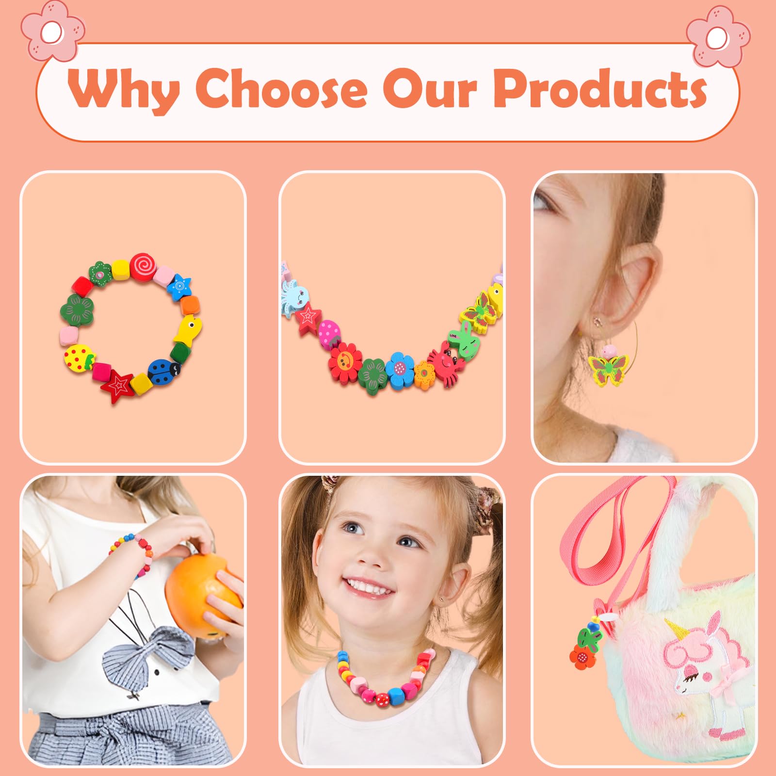 JTgugu Lot De 550 Perles En Bois Colorées à Enfiler - Pour Enfants - Avec Trou à Enfiler - Pour Bracelets, Cordons, Colliers - Cadeau Pour Filles