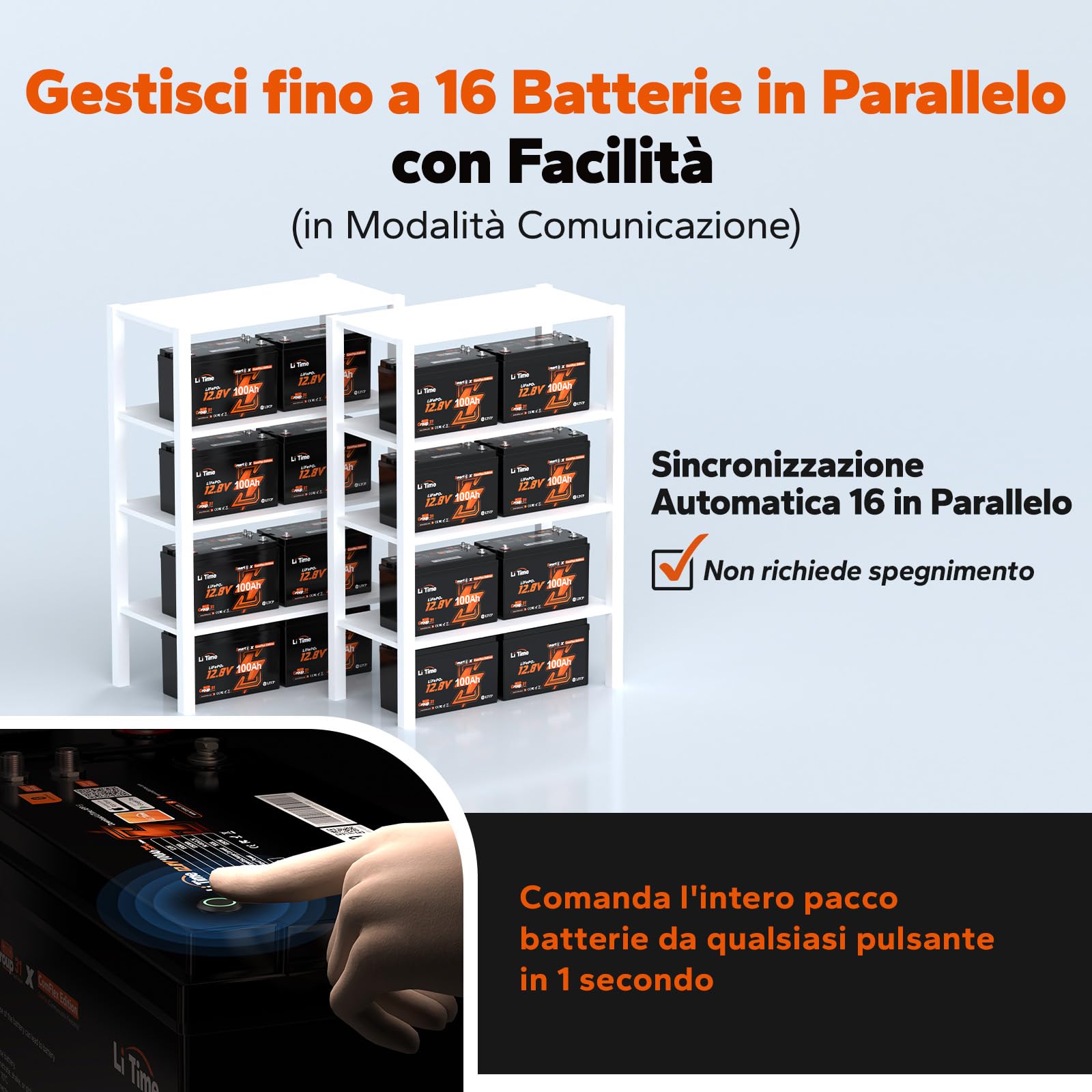 LiTime Batteria Litio 12V 100Ah LiFePO4 CAN/RS485 per Accumulo Fotovoltaico | Bluetooth, BMS 100A, Max 15000 Cicli, Energia 1280Wh, IP65, Protezione Basse Temperature, Max 4P4S, per Camper, Yacht, Barche