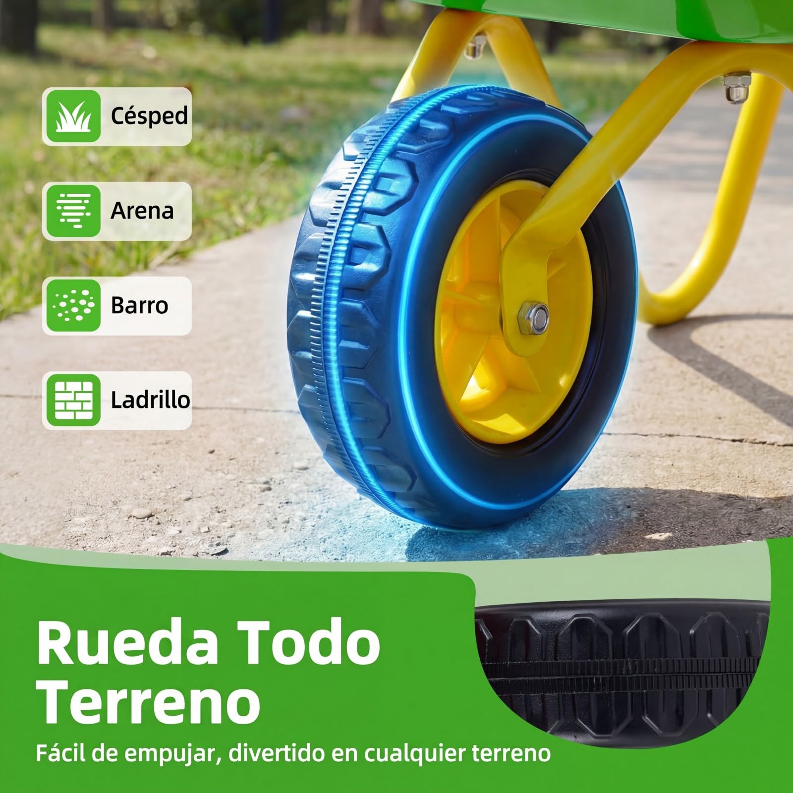 COSTWAY Carretilla para Niños, Carrito de Jardín Infantil con Ruedas Todoterreno, Asas Antideslizantes y Soporte de Aparcamiento Estable, Carretilla de Juguete para Niños de 3+ Años (Verde)