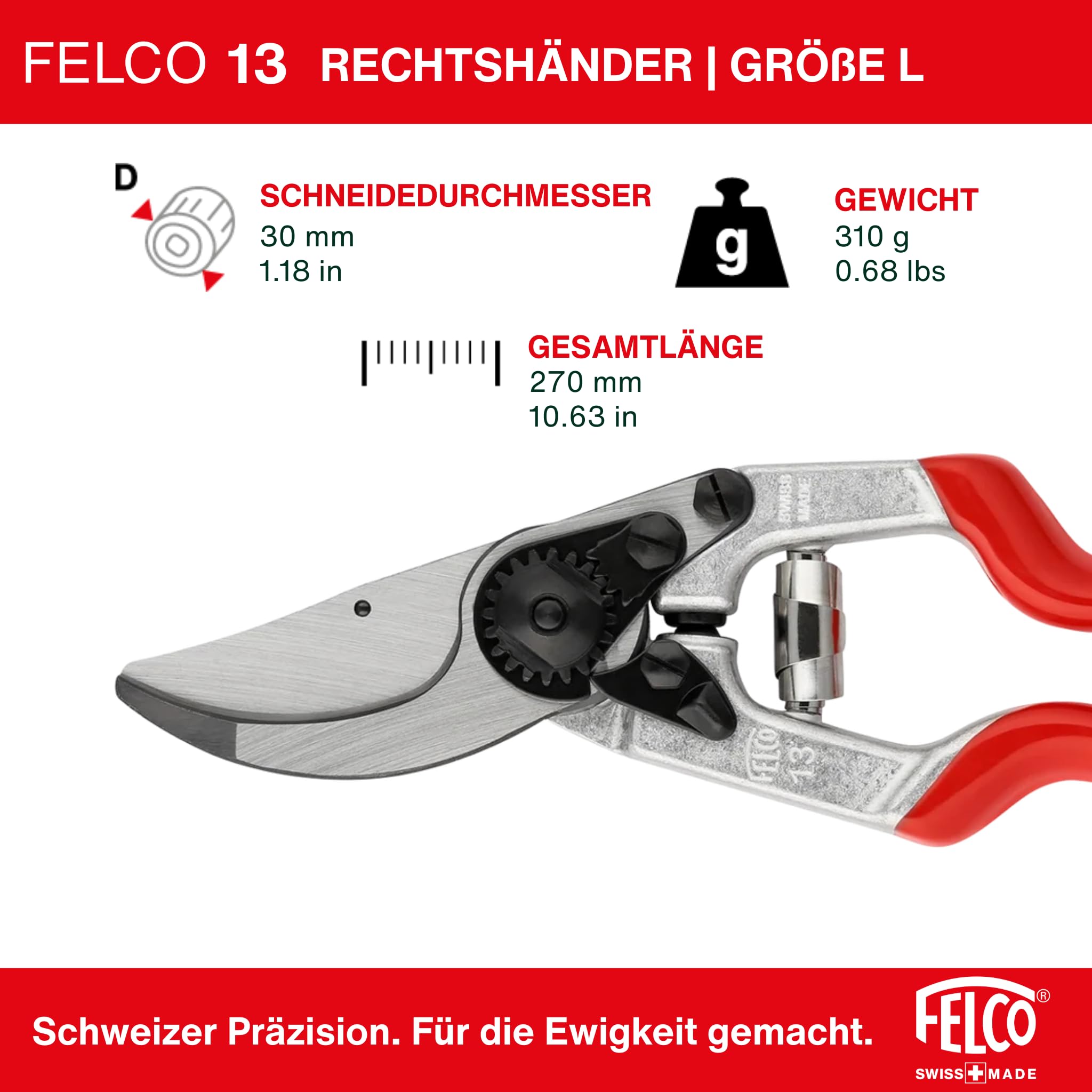 FELCO 13 Bypass-Gartenschere für Rechtshänder, große Hände, 55 mm Klinge, Schnitt bis 30 mm, verlängerter Griff für beidhändige Nutzung, ergonomisch, Swiss Made