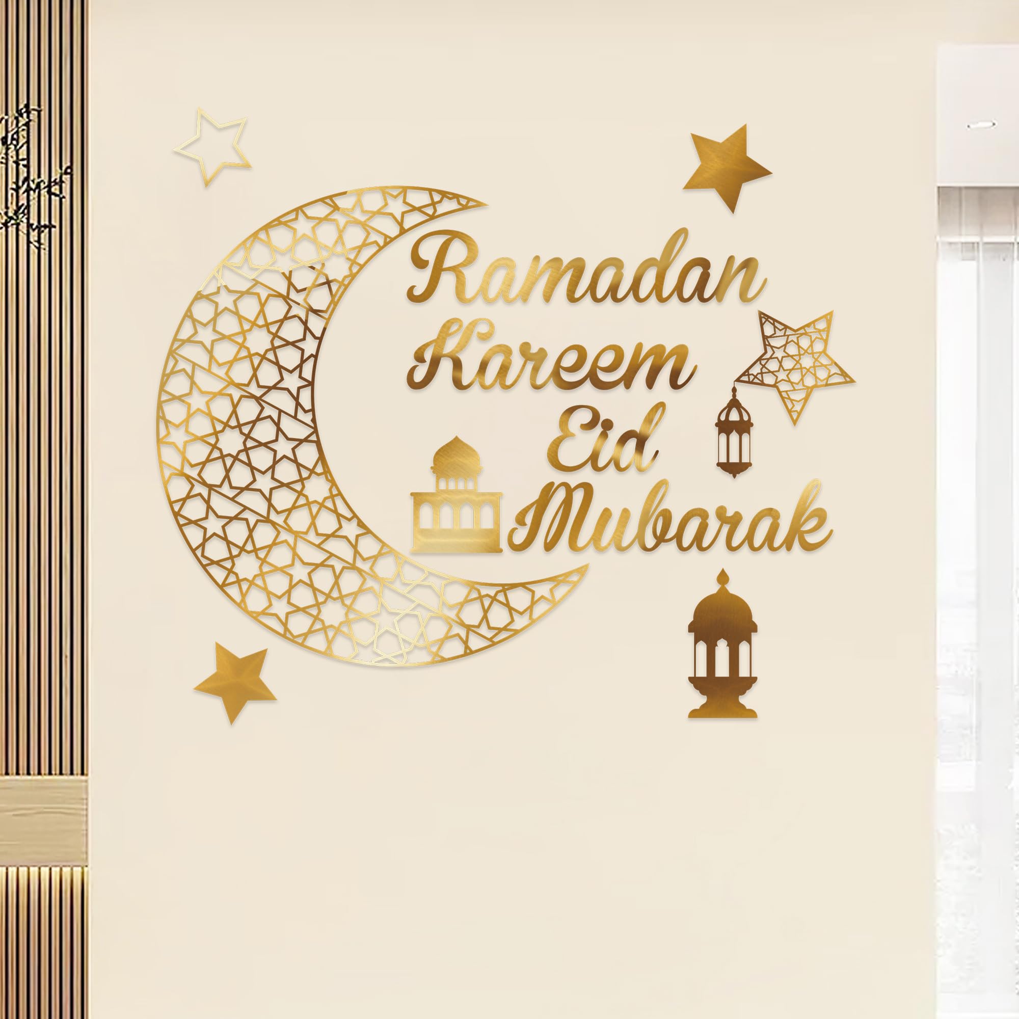 Ramadan Eid Mubarak Wall Sticker Decals, Gold Crescent Moon and Islamic Symbols, Self-Adhesive Decor for Home, Mosque, and Event Spaces, Includes Ramadan Kareem and Eid Mubarak Greetings