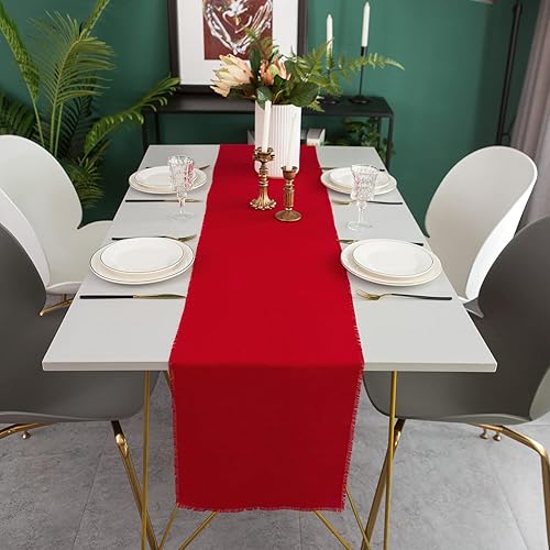 Miniatura 8 de Camino de mesa navideño con flecos, 14 x 90 pulgadas de largo, rojo, 100 % lino puro, camino de mesa rojo para invierno, lavable a máquina, hecho a