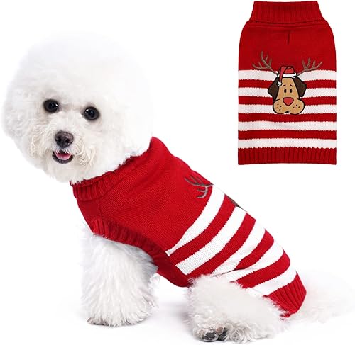 YUDODO Suéter de Navidad para perros pequeños, con cuernos de dibujos animados, suéter de punto para cachorros, ropa de invierno a rayas, suéter