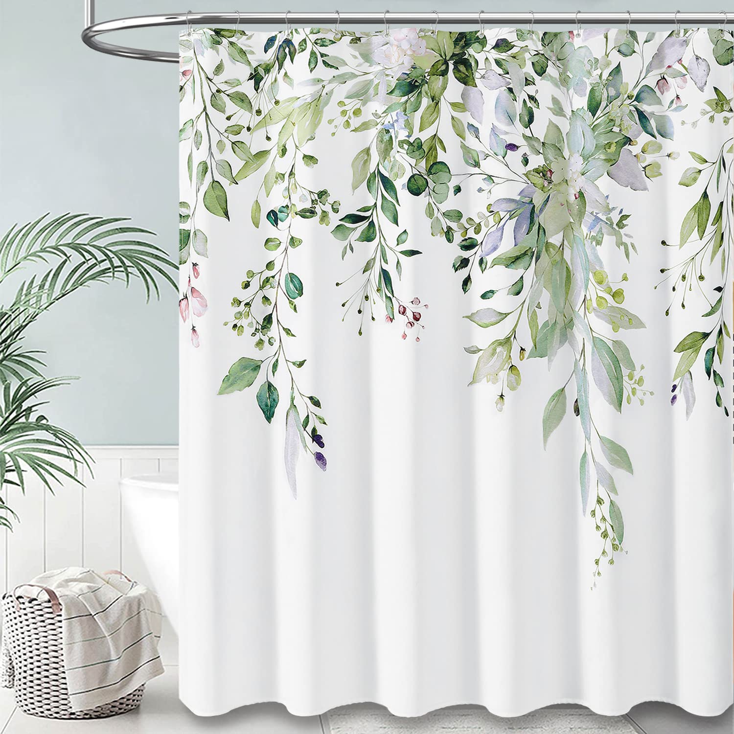 Eucalyptus Plant Shower Curtain, Floral Fabric Shower Curtain Set with 12 Plastic Hooks, Water Resistant, Watercolor Leaves Botanical Natural Shower Curtains for Bathroom, 72x72, Sage Green