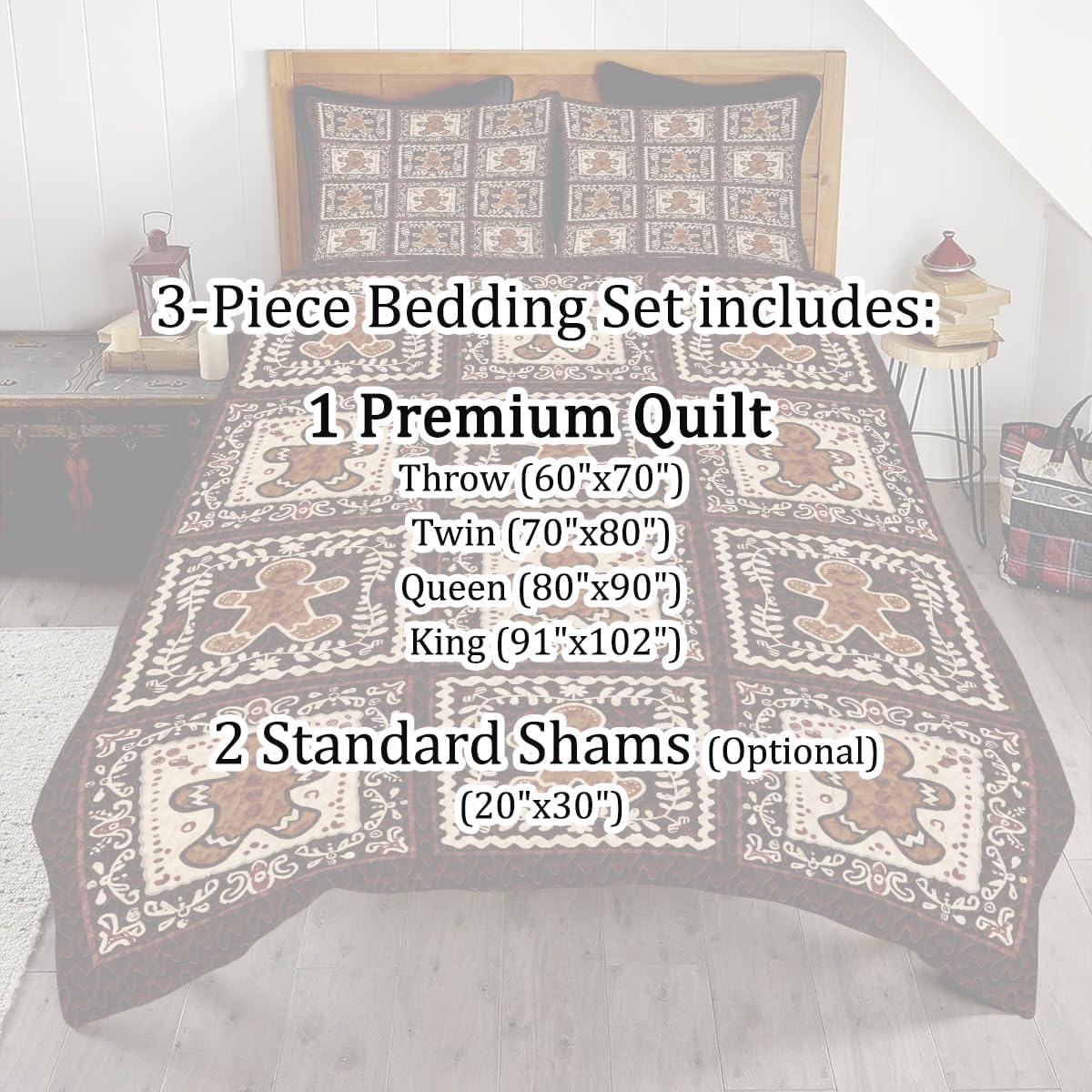 ENCYCOM Gingerbread Bedding - Patchwork Quilt, Queen & King Sizes, Brown Floral, Holiday & Country Style, Christmas Decorations