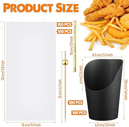 Miniatura 2 de 100 tazas desechables de embutidos con púas de cóctel, bolsas OPP, lazos dorados, bambú, soporte para papas fritas de papel de estraza para papas