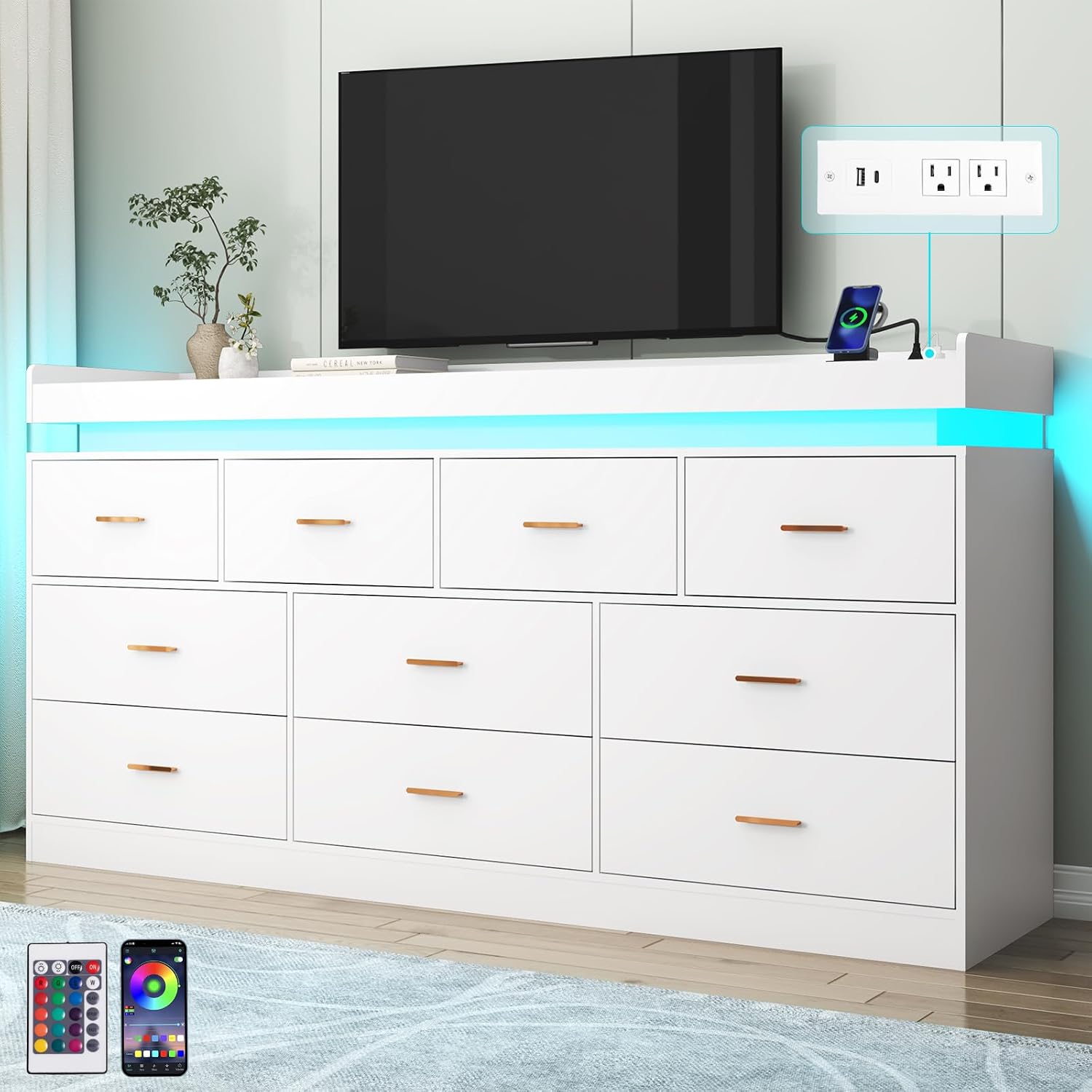 Hlivelood 10 Drawer Dresser with LED Light and Charging Station User Manual