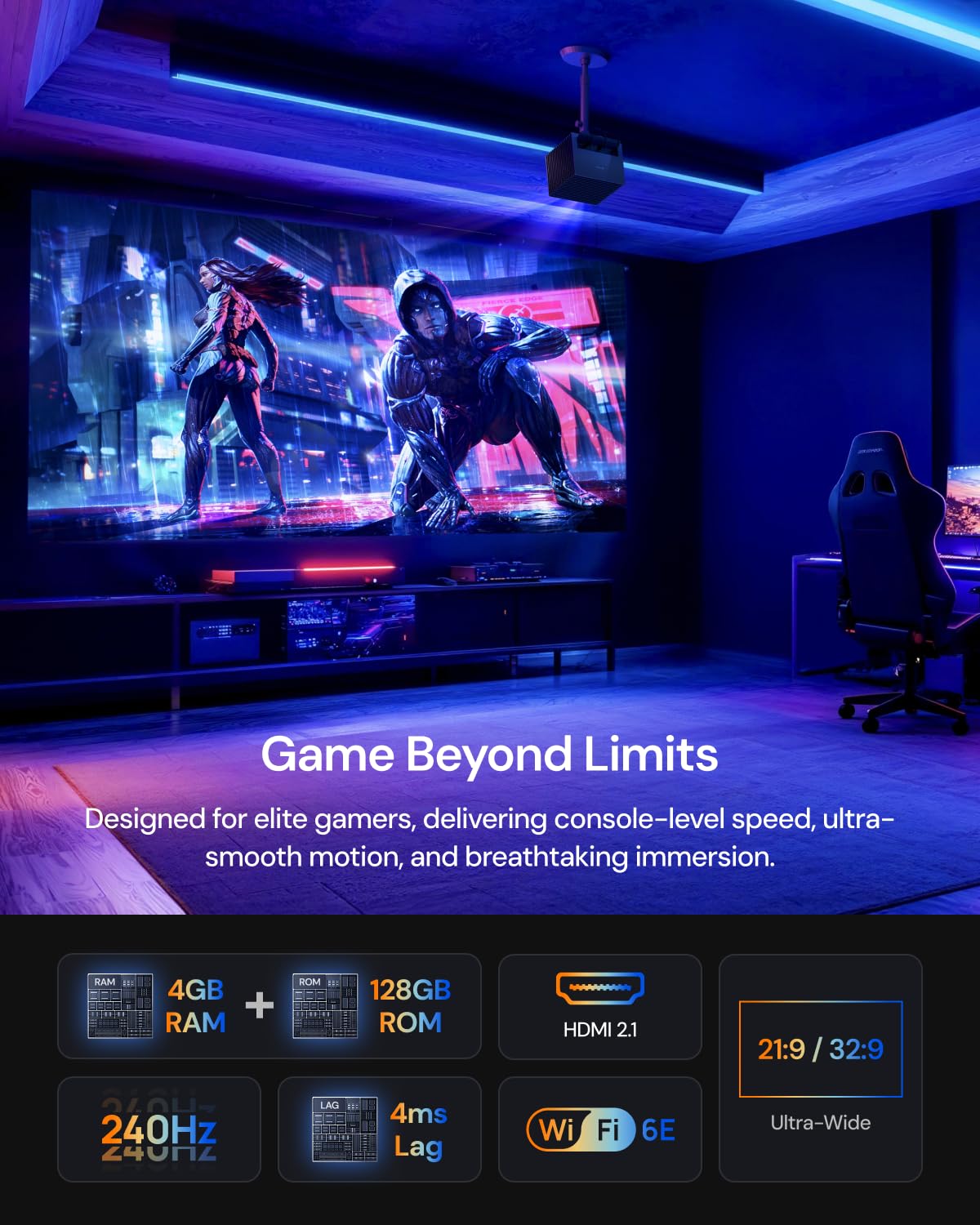 Pack Home Cinéma Anti-Speckle : Valerion VisionMaster Pro2, vidéoprojecteur 4K Triple Laser avec écran PureVision à Cadre Fixe 120", Support de Plafond et câble HDMI de 2 m