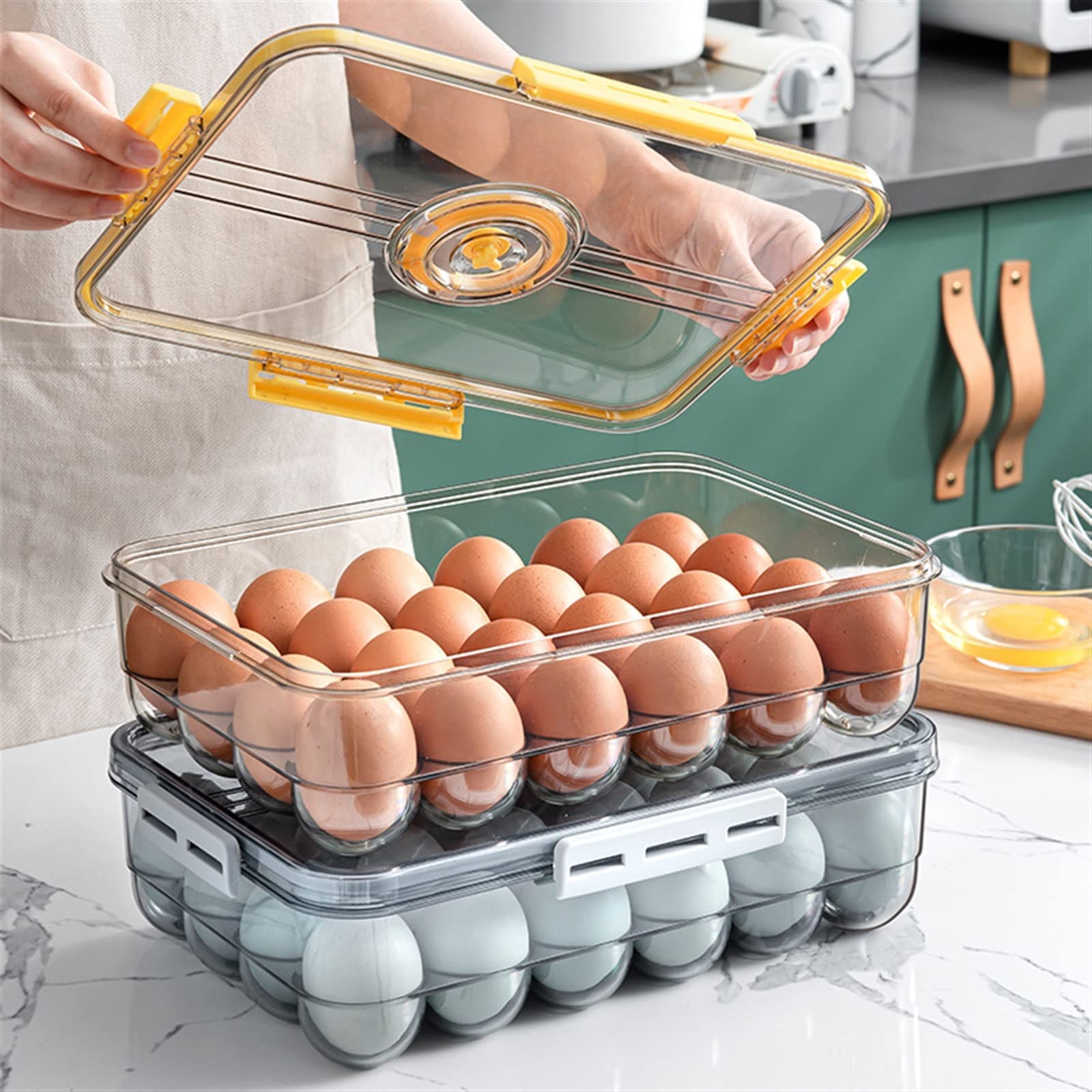 Cesta de Huevos Refrigerador de Cocina Soporte para Huevos Caja de Almacenamiento de Alimentos con Organizador de Tapa Caja de Almacenamiento de Bandeja(Caja de 18 Rejillas Amarilla)