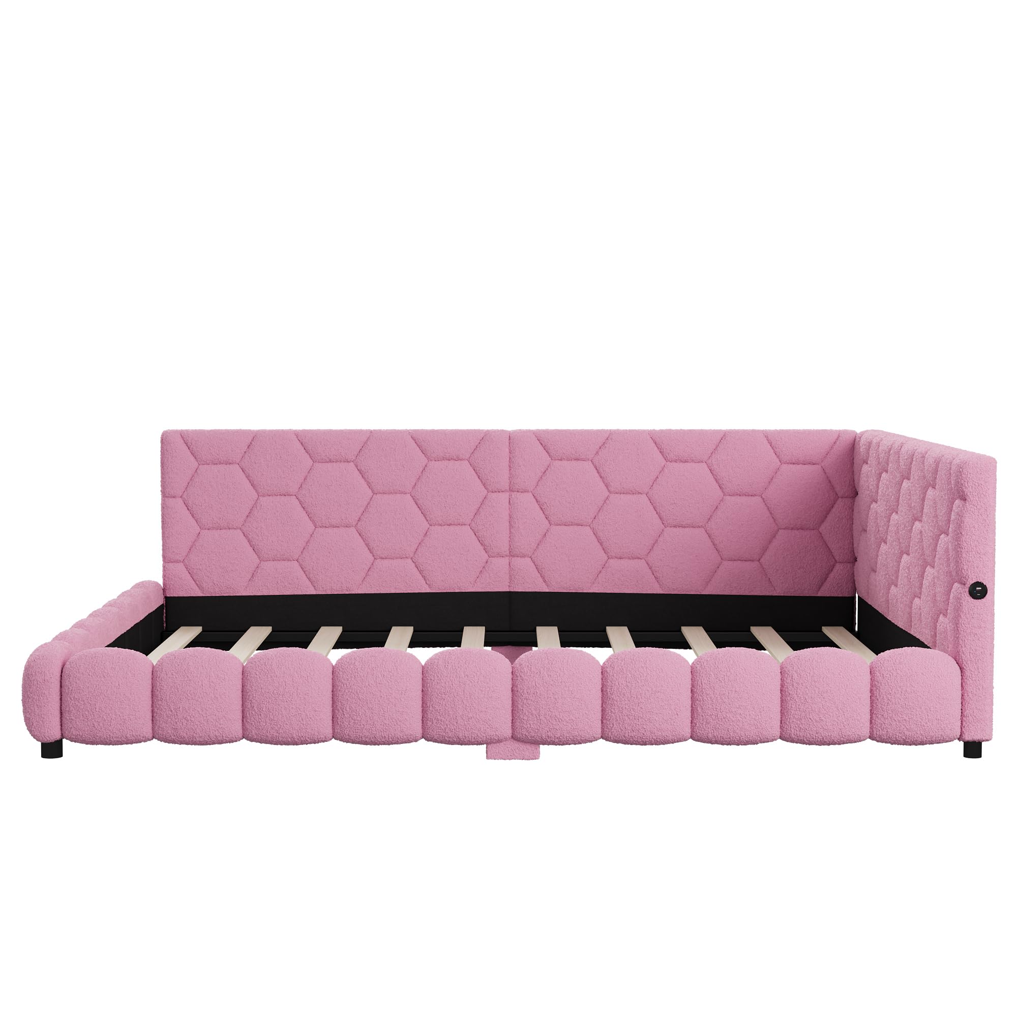 FEEOHOME Sofá cama tapizado de 140 x 200 cm, sofá cama con LED y USB, cama multifuncional con somier y patas para habitación infantil, salón, sin colchón (rosa)