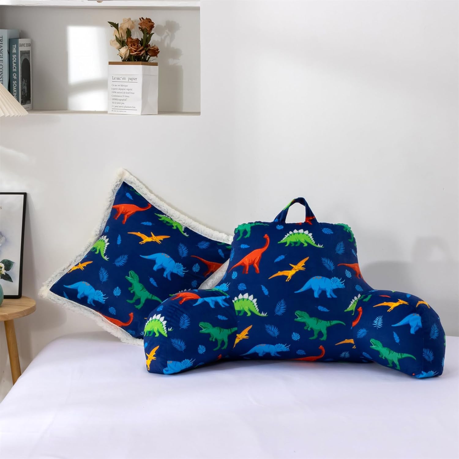 Holawakaka Colorful Dinosaur Plush Reading Pillow for Kids – Backrest Support Pillow with Decorative Pillowcase for Sitting up in Bed, Couch, and Dorm for Boys, Girls, Toddler to Teen