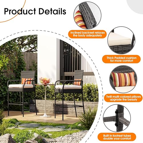 Vista 4 de Sundale Outdoor Juego de 4 taburetes de bar de mimbre de altura de asiento de 30 pulgadas, taburetes de bar exteriores de ratán con respaldo, sillas