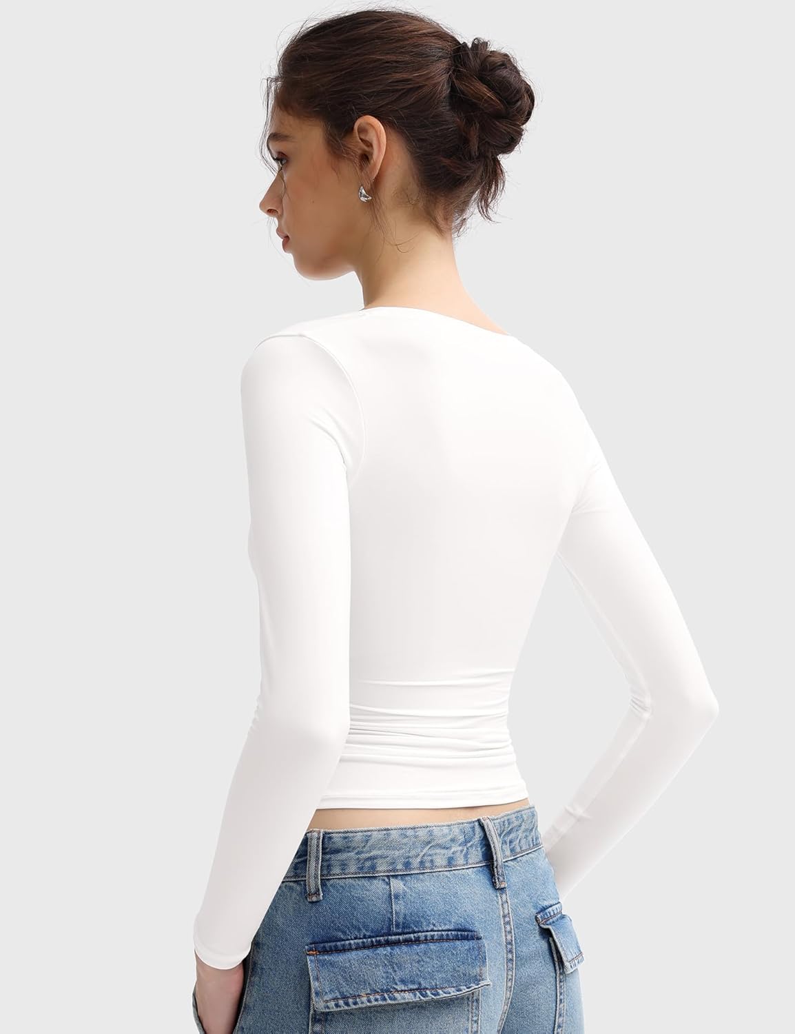 PUMIEY Women's Long Sleeve T Shirts Scoop Neck Slim Fit Going Out Tops Double Lined Basic Tee Smoke Cloud Collection - Image 4