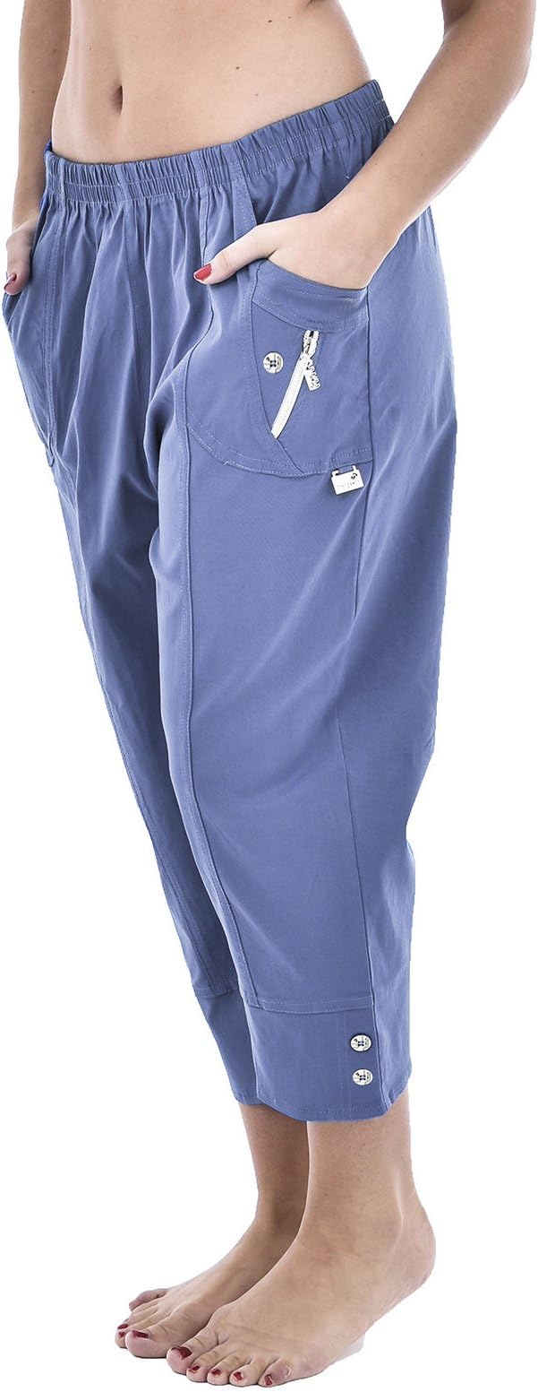 MUGHNIO Minni Rossa ® Womens Plain 3/4 Three Quarter Capri Cropped Shorts Ladies Stretch Fit Elasticated Waistband Trousers Plus Sizes