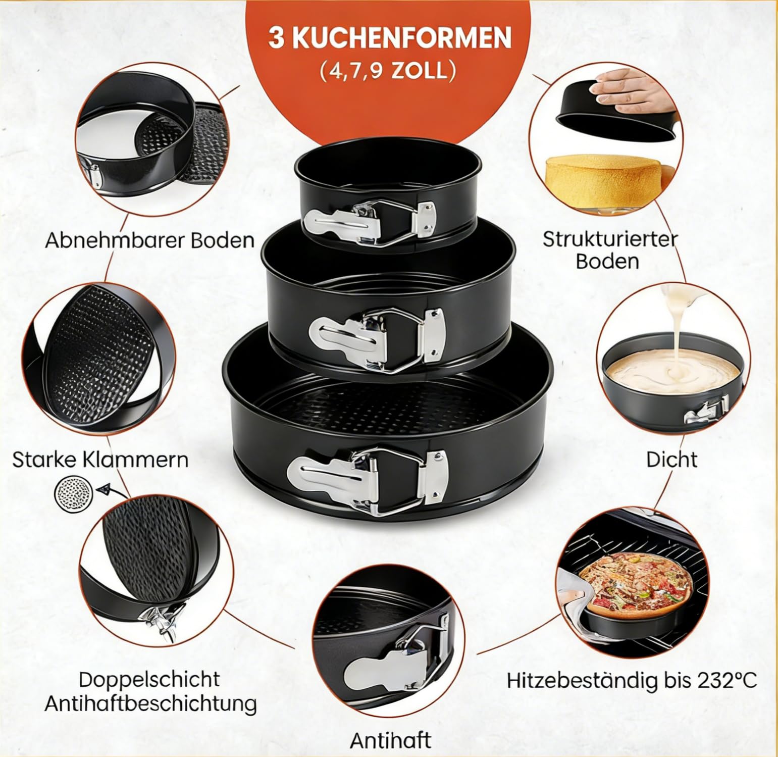 Generisch Springform Set, 3-teilig, Ø 21/23/25.8 cm, Backform rund antihaftbeschichtet, bis 230 °C, einfaches Verschließen