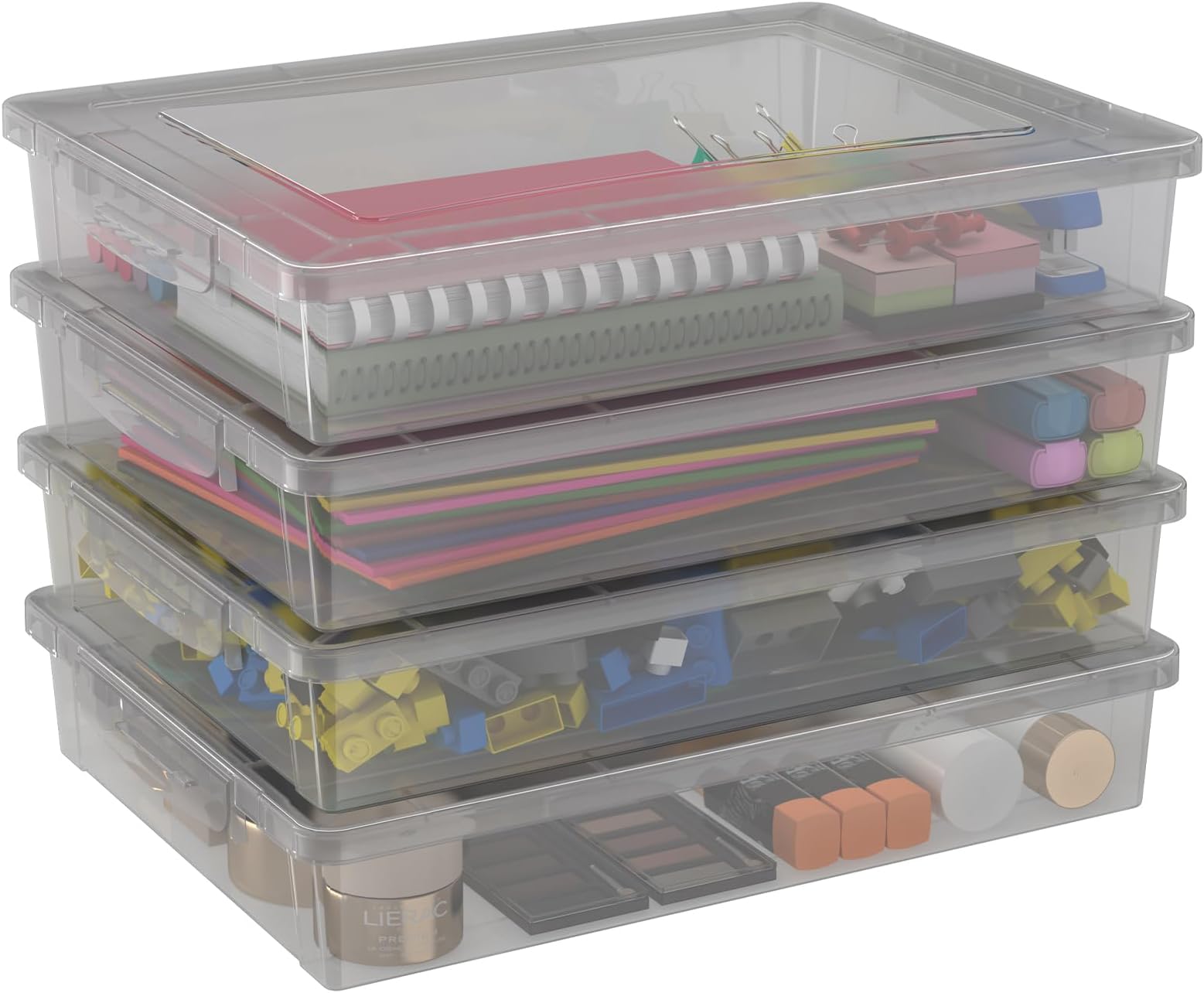 Lifewit 4 Pack Plastic Multi-Purpose Storage Box with Latching Lids, Clear A4 Paper Storage, Classroom Organization, Storage Containers for Board Game, Craft, Document, Magazine, Art Supplies