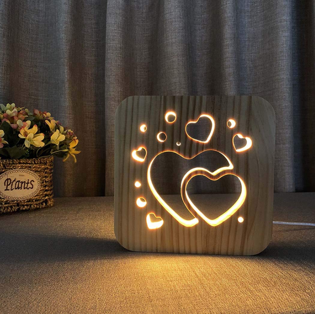 Drewniana lampka nocna kreatywna 3D rzeźbiona pusta lampa stołowa światło USB zasilanie dziecięca lampka nocna dekoracja lub prezent, 3,3 W, ciepłe białe światło
