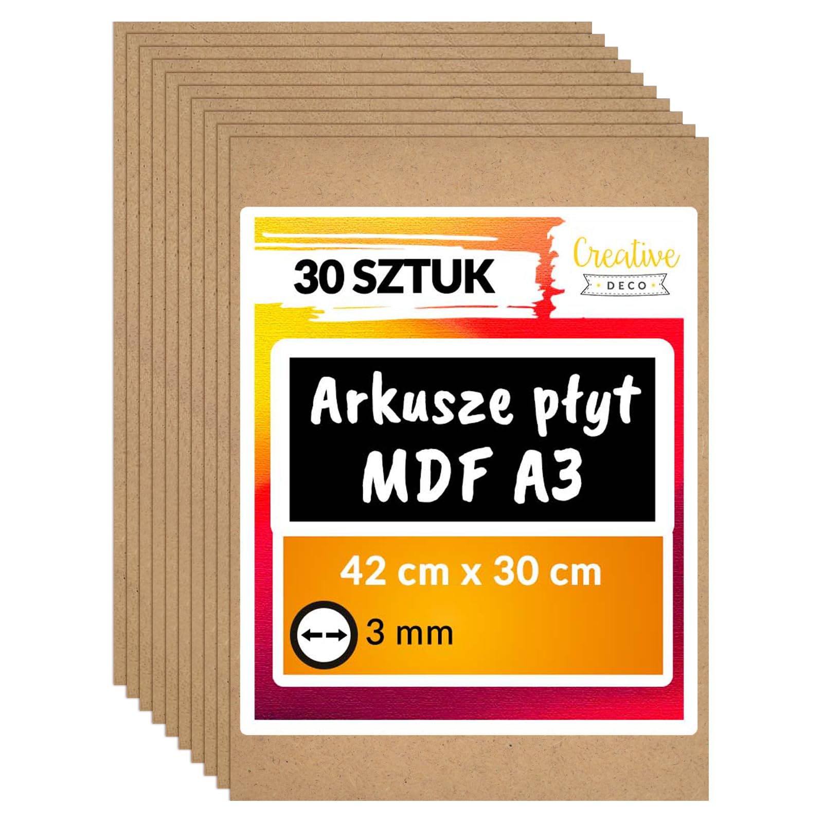 Creative Deco 30 x A3 Płyta MDF | 420 x 300 x 3 mm | Płyty MDF do Majsterkowania i Prac Manualnych | Idealne do Pirografii, Cięcia Laserem, Modelarstwa, Frezowania, Ploter CNC, Wyrzynarka