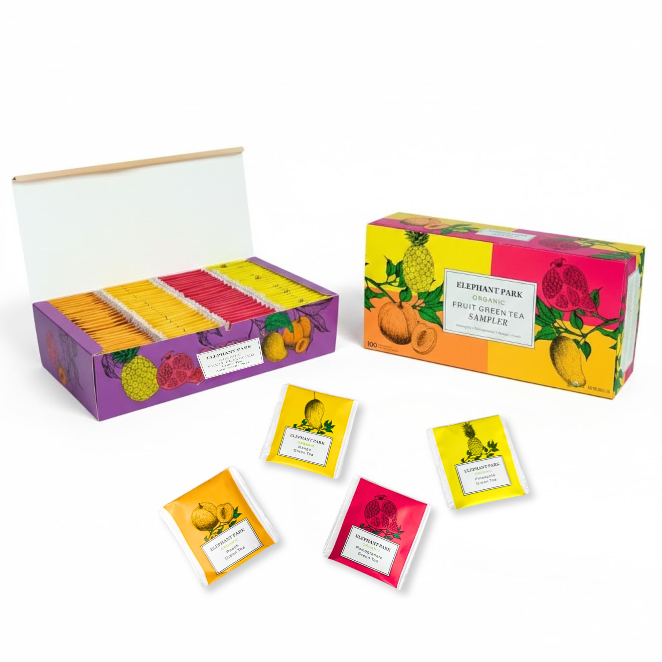 Premium Organic Fruit Green Tea Sampler, 100 Count Assorted Tea Bags, Caffeinated & Herbal Variety Pack Pineapple, Pomegranate, Mango, Peach Flavors