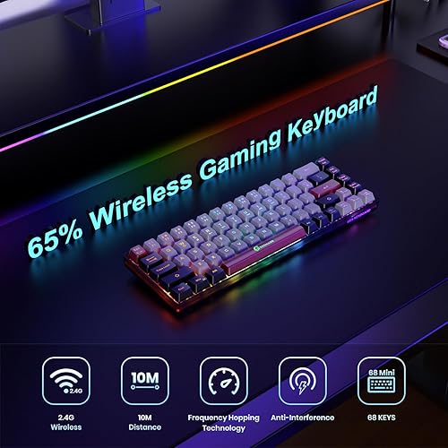 Miniatura 2 de Teclado inalámbrico 65% para juegos, teclado recargable con retroiluminación RGB con 14 modos retroiluminados, 68 teclas ultra compacto