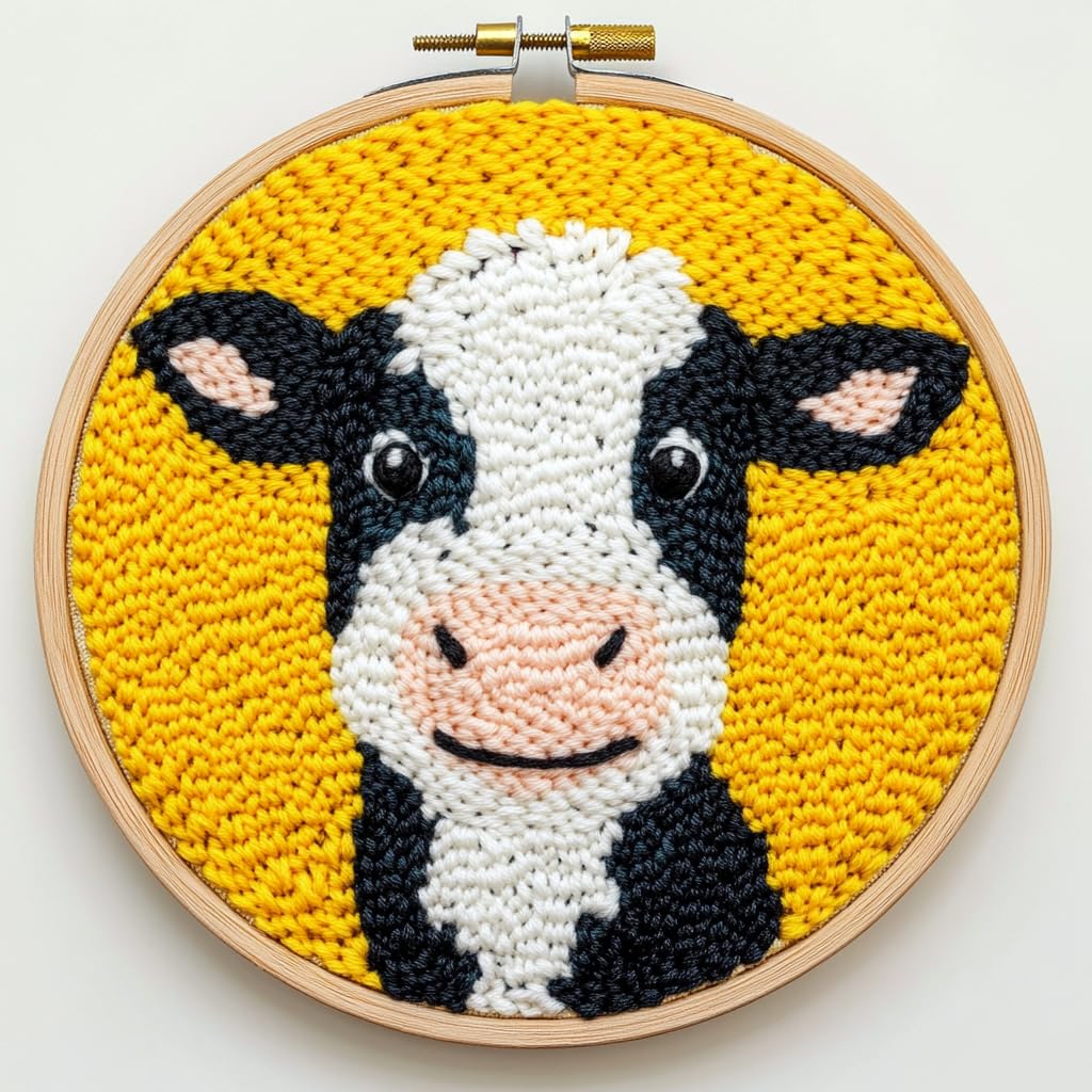 DIY Punch Needle Kits Cartoon Cute Dairy Cow with Hoop 20x20cm-2