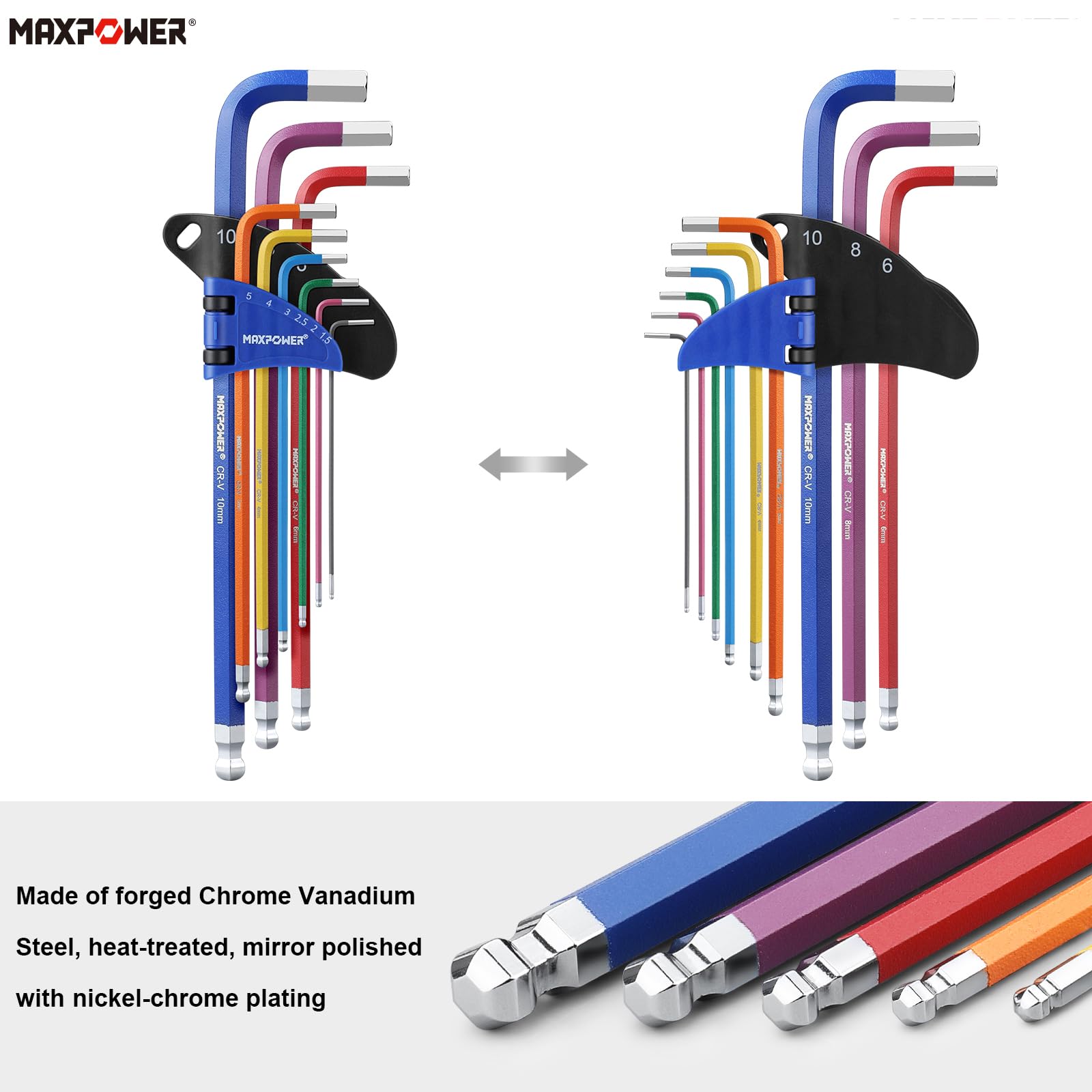 MAXPOWER Set di 18 chiavi a brugola esagonali, SAE e metriche, braccio extra lungo, con impugnatura a T