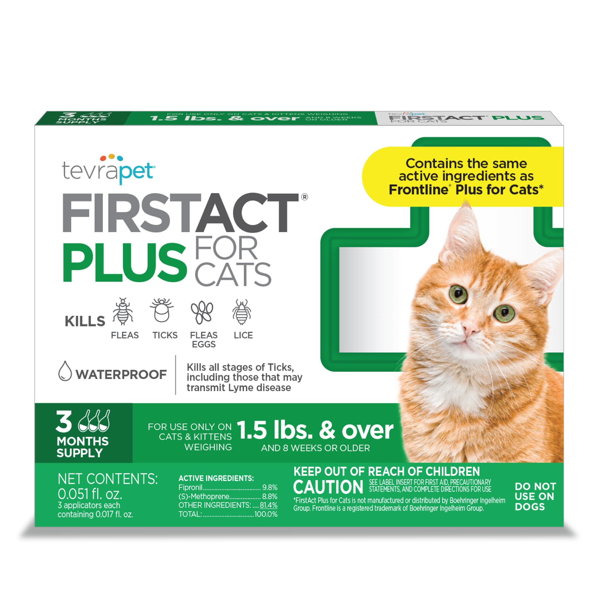FirstAct Plus Flea and Tick Topical for Cats over 1.5lbs, 3 Dose Waterproof Flea and Tick Control/Prevention for 3 Months