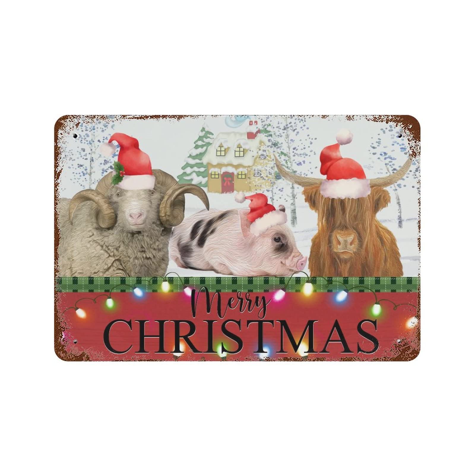 Letrero de aluminio Merry Christmas Farm con diseño de animales felices y acabado rústico