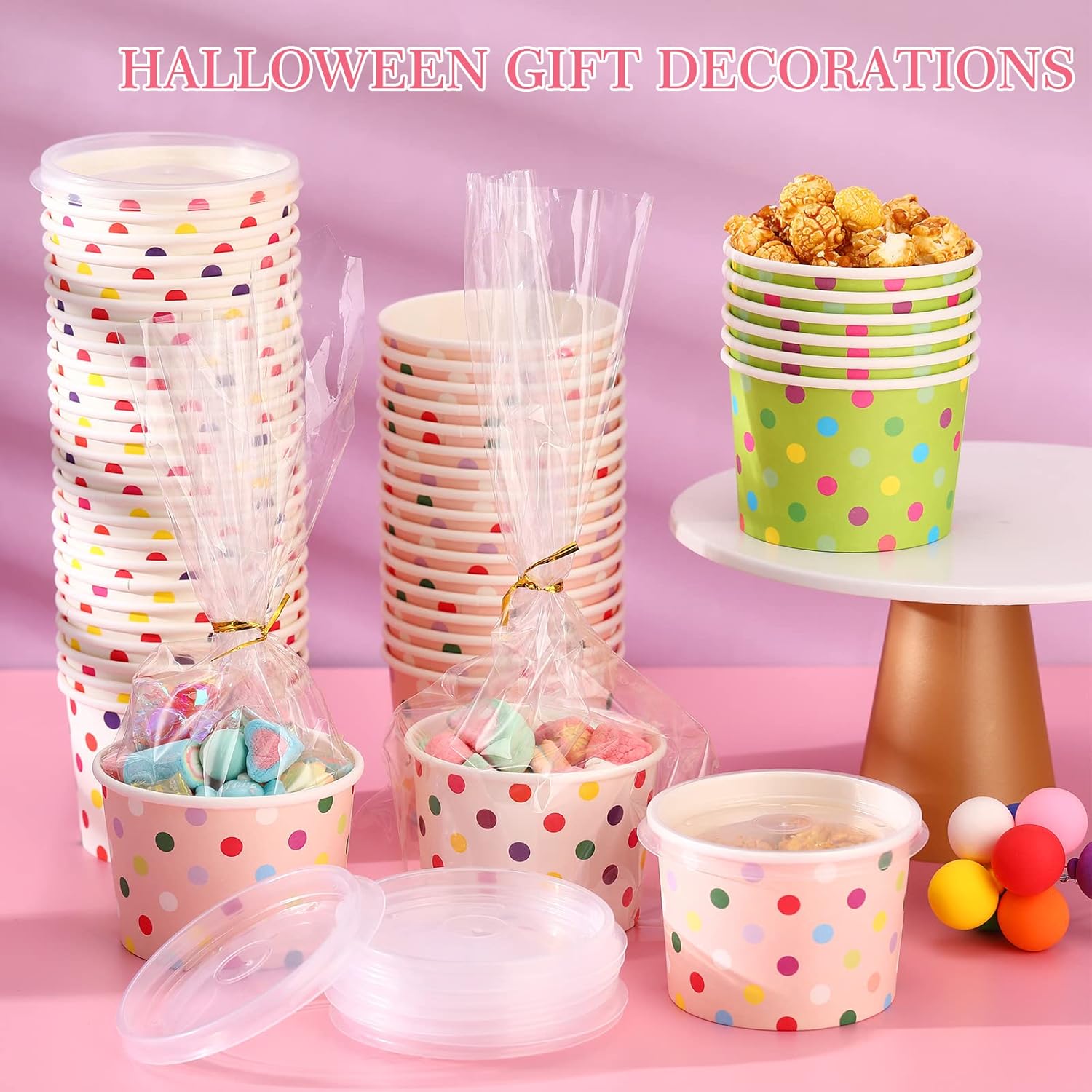Yungyan 150 Pcs 8 oz Ice Cream Cups with Lids Disposable Paper Snack Bowls with Lids Dessert Cups Bowls Containers for Cold or Hot Food Polka Dots Summer Party Supplies(Green,White,Pink)