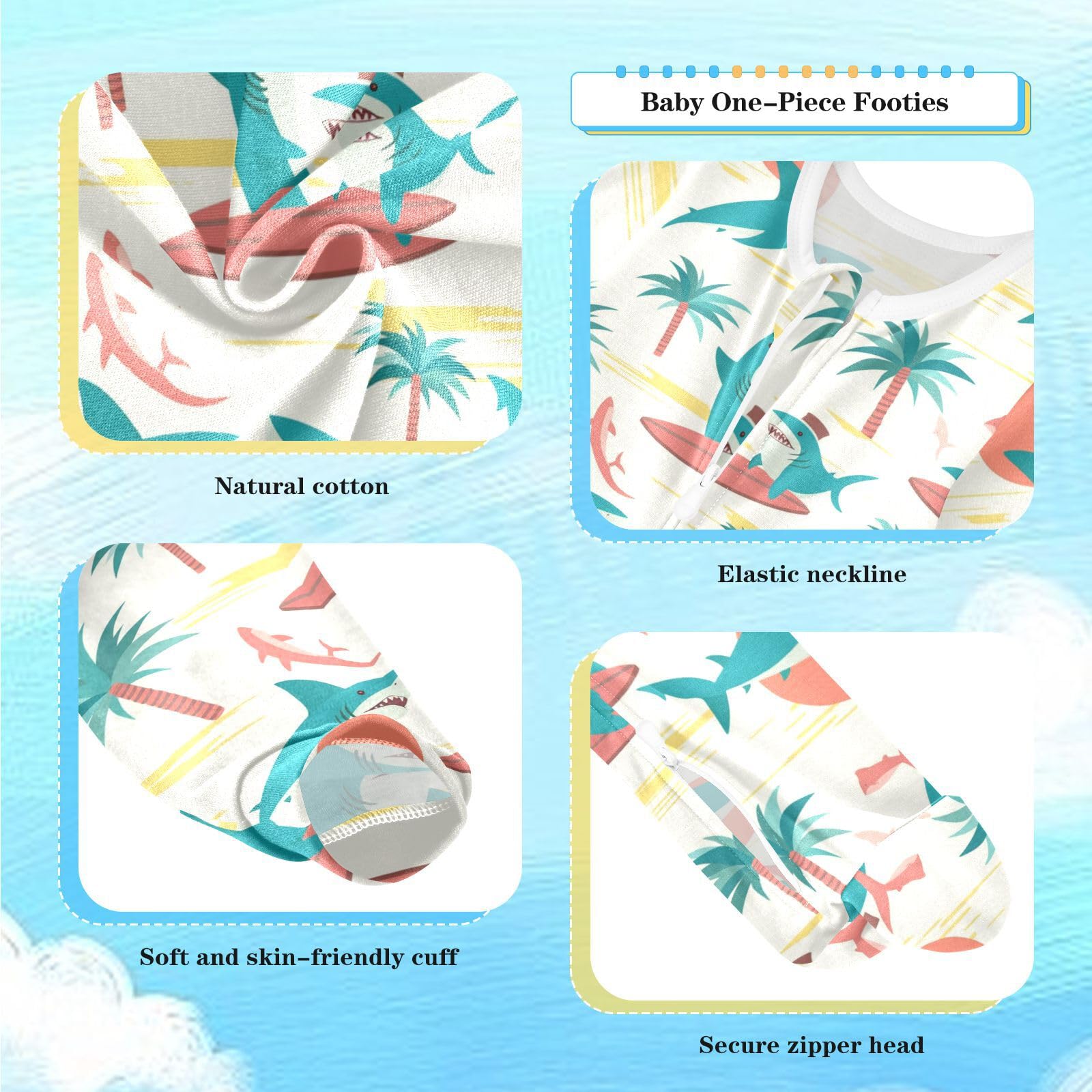 Wusikd Sharks Surfboards One-Piece Footies Palm Trees Bodysuit Rompers Zipper for Boys Girls 12M