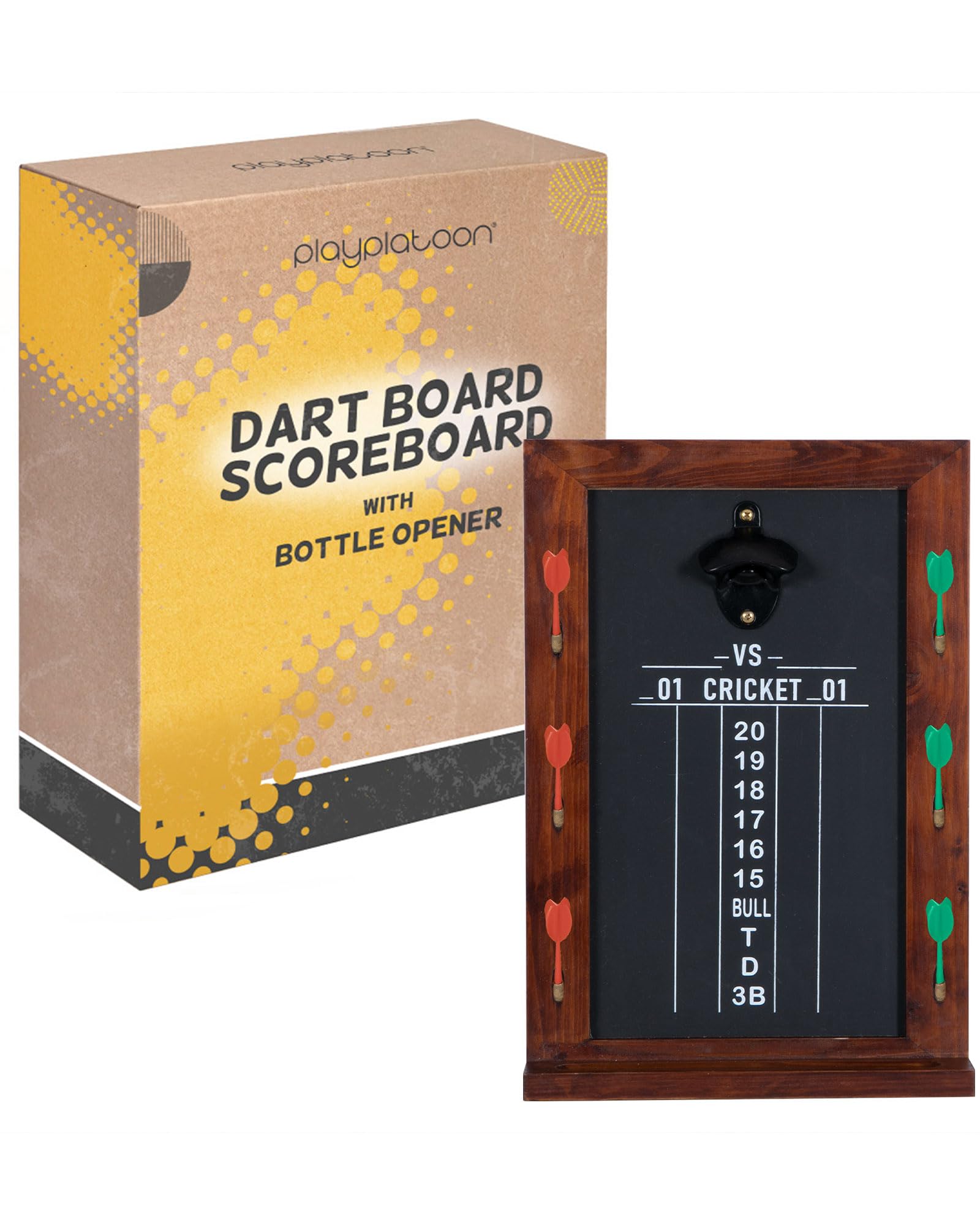Play Platoon Dart Anzeigetafel & Darthalter Wandhalterung mit Flaschenöffner - Holz Score Board Professionelles Dartzubehör Darthalter