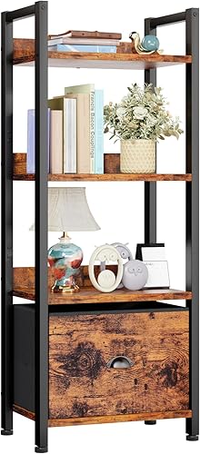 Miniatura 9 de Furologee Estantería de 5 niveles con cajón, estantería alta y estrecha con estantes, estantes de madera y metal, organizador de almacenamiento,