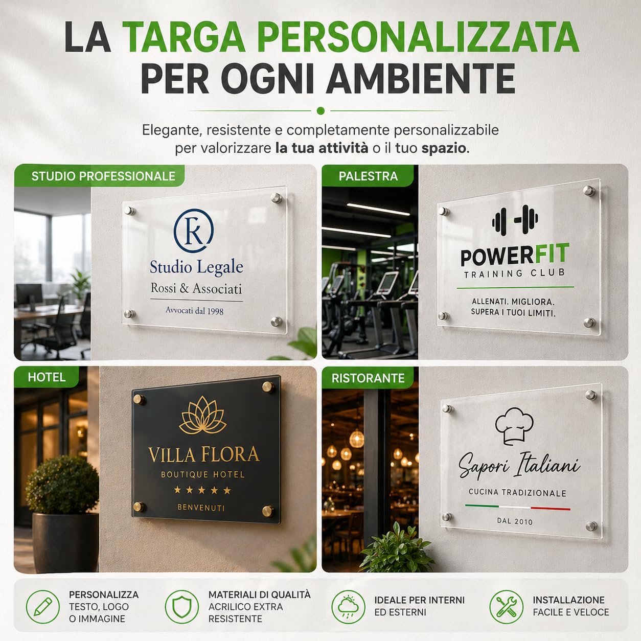 Targa plexiglass personalizzata esterno 40x30 cm | stampa professionale, superficie lucida, fissaggio pratico per porte, studi, uffici, citofoni e ingressi aziendali