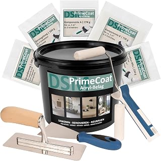 DSM PrimeCoat Acryl-Belag Spachtelmasse für fugenlose Dusche & Bad – Set mit Zubehör für ca. 1 m², M01 Reinweiß, inkl. Strukturmix Easy Fein – für Wand, Boden, Möbel – Mikrozement Alternative