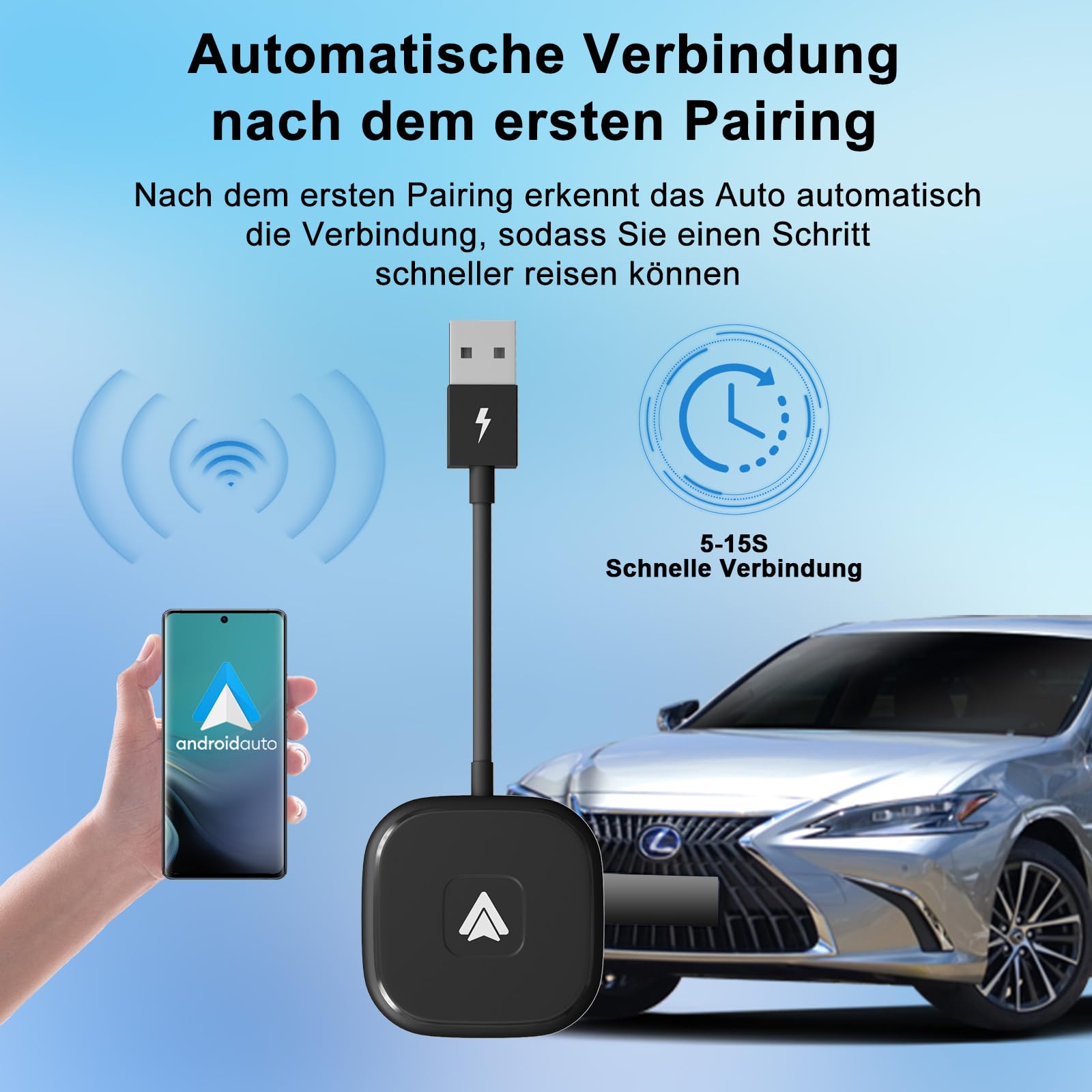Android Auto Wireless Adapter, Android Auto Adapter Konvertieren Sie Verkabeltes Android Auto zu Wireless, Kompatibel mit Android Phone 11.0 und Höher, für Autos ab 2017