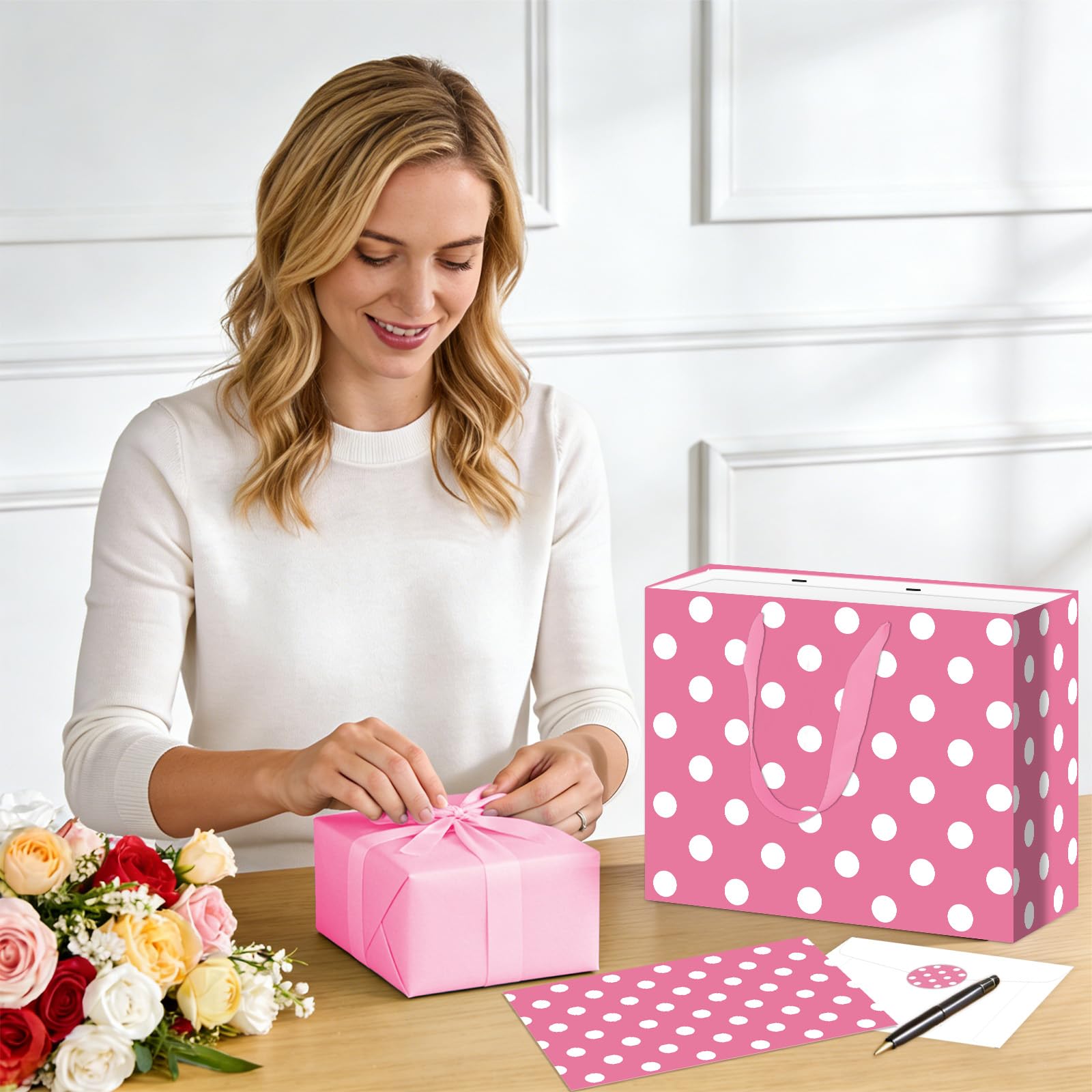 Allparty 11.8" Pink Polka Dot Gift Bag Set - Cartoon Mouse Design with Wrapping Paper, Card, Envelope & Stickers - Girls Birthday Baby Shower Party Favor Supplies