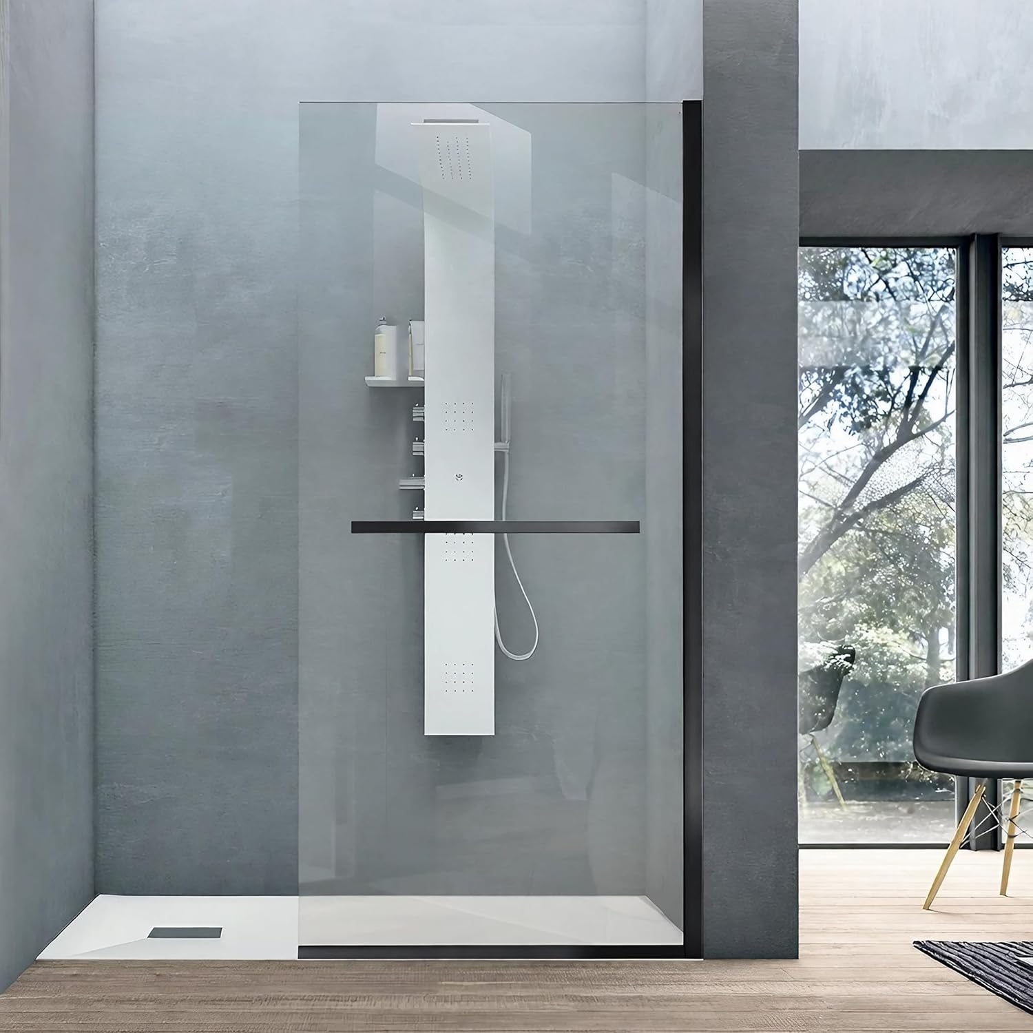 Shower Glass Panel, 34" W x 72" H Semi-Framed Fixed Shower Screen Panel with Handle, 5/16"(8mm) SGCC Clear Tempered Glass, Frameless Walk in Shower Door for Bathroom, Matte Black