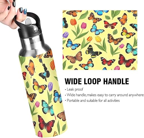 Miniatura 4 de Stainless Steel Vacuum Insulated Water Bottle 32 Oz, Leakproof Water Bottles for Gym Outdoor Travel School, Colorful Butterflies Tulips Yellow
