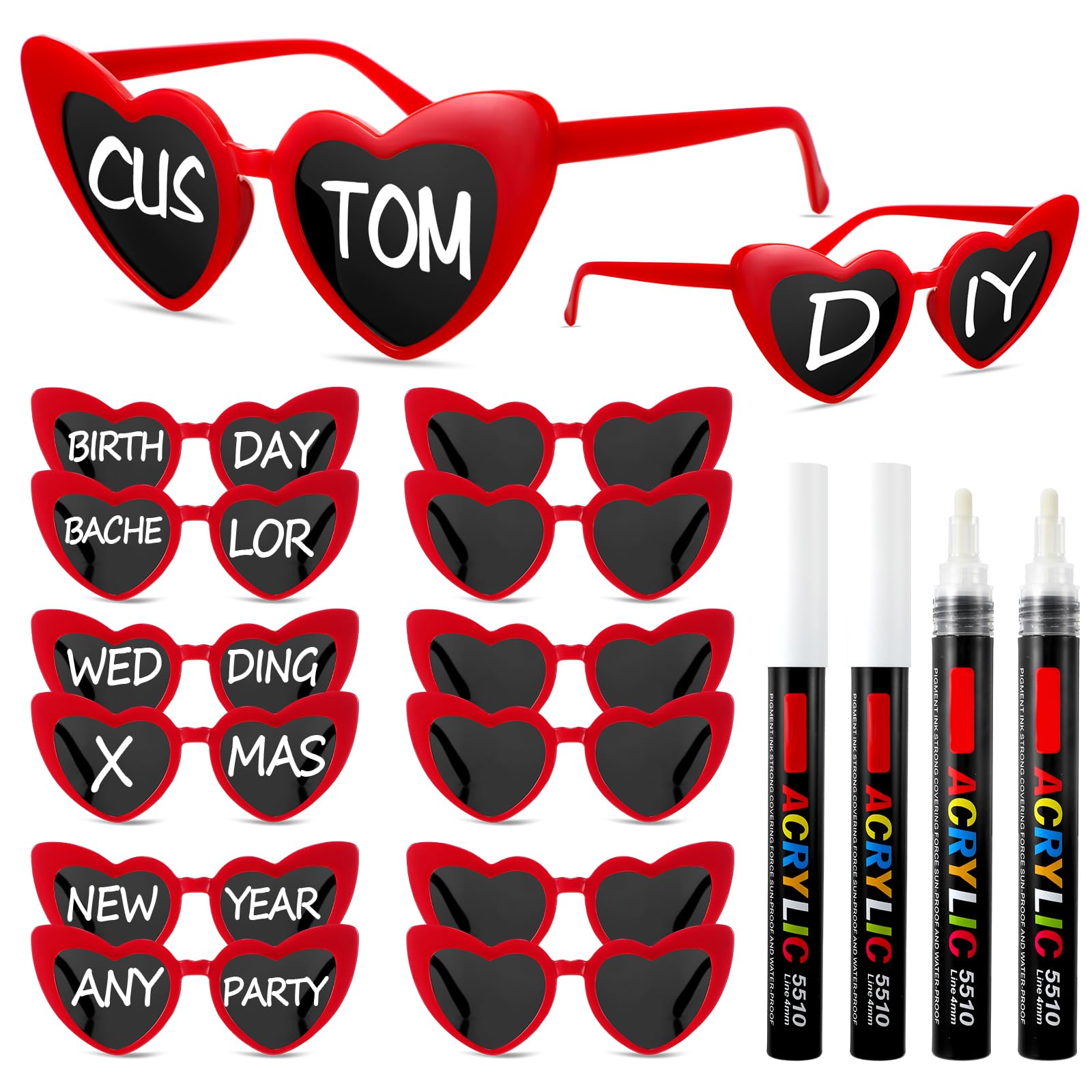 12 Pcs Personalized Heart Shaped Sunglasses Bulk Heart Glasses with 4 Paint Pens for DIY Wedding Party Favors