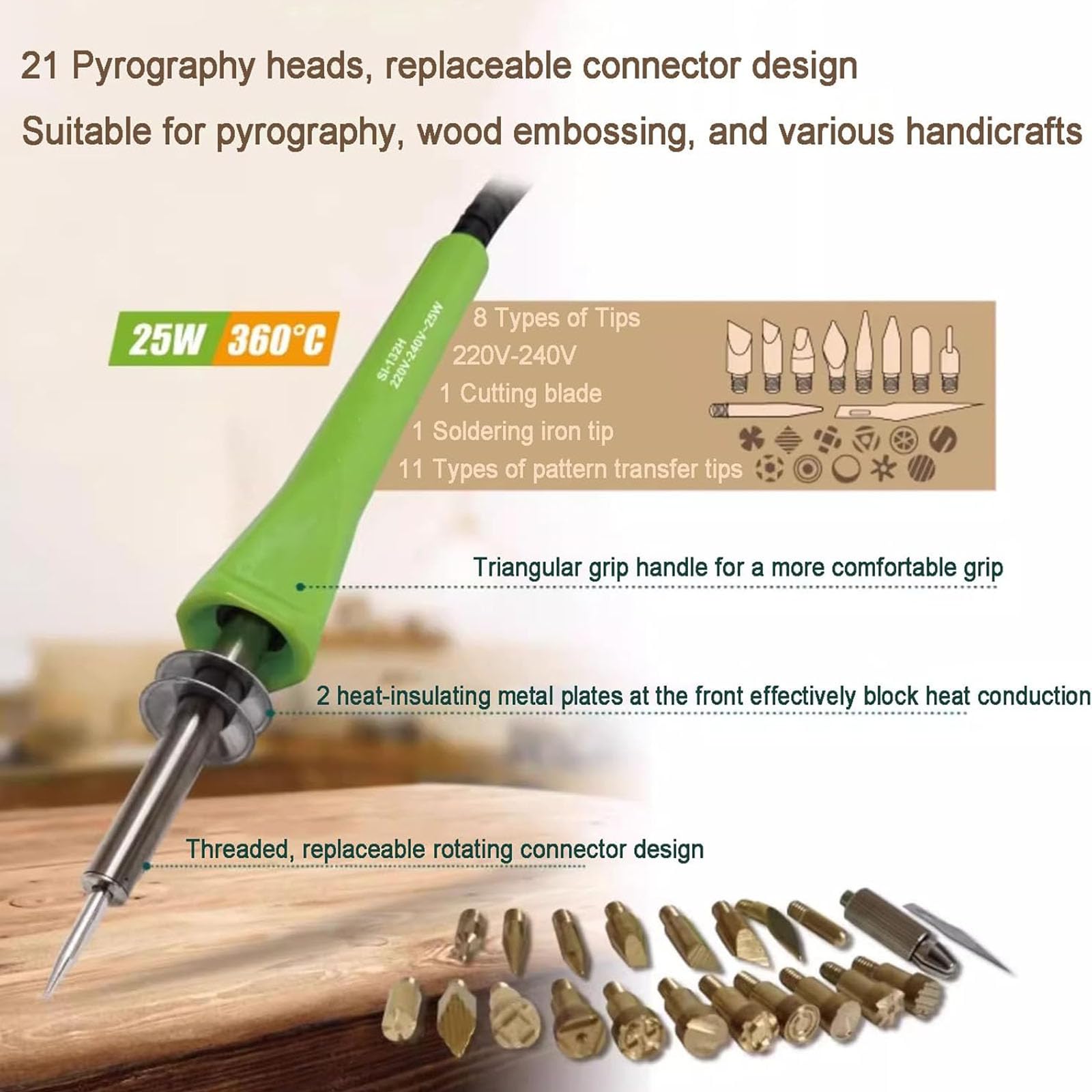Herramienta De Pluma De Pirografía De 25 W, Kit De Quema De Madera, con 21 Puntas De Hierro, Temperatura Ajustable, Máx. 360 ℃, para Madera, Cuero, Manualidades Y Proyectos De Arte