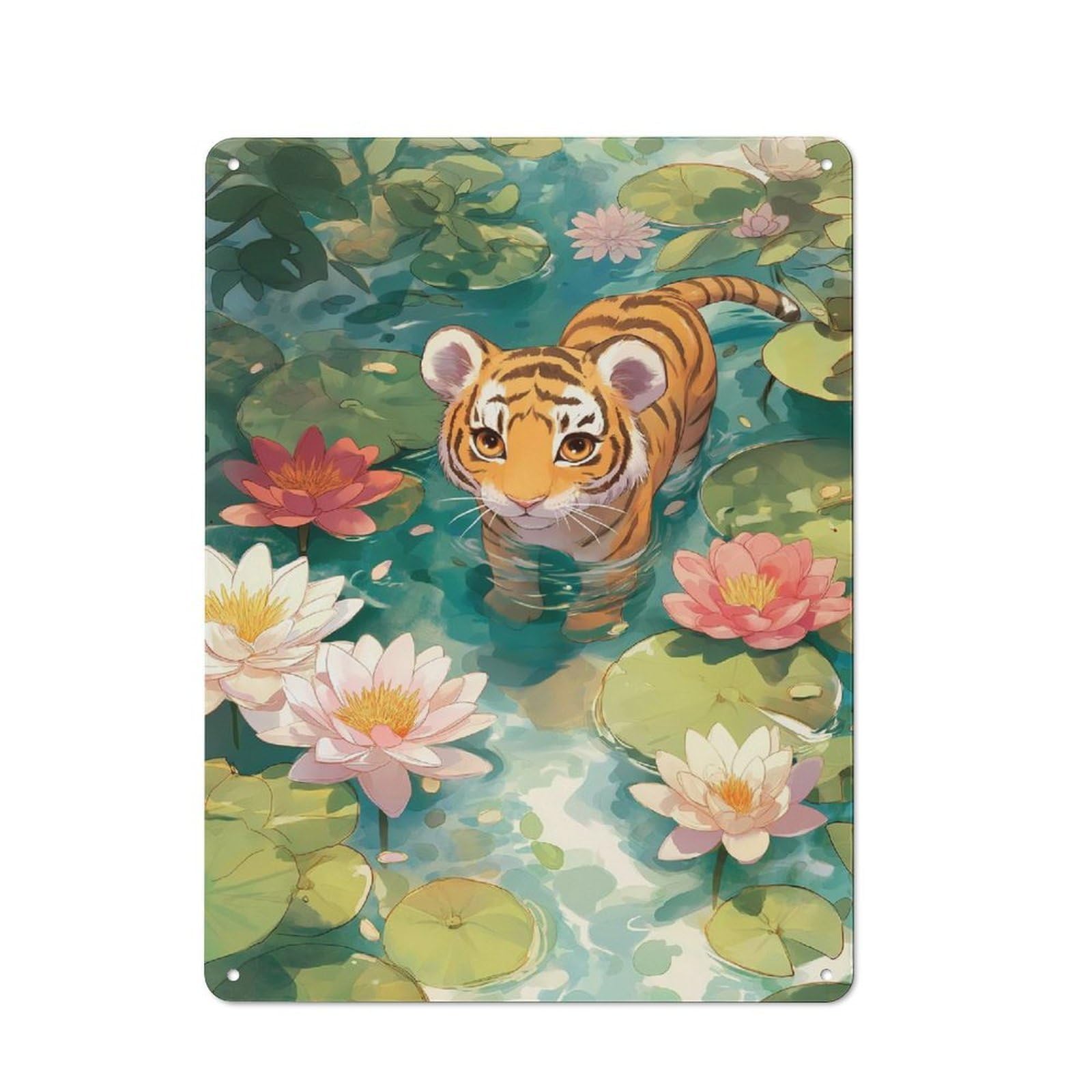 Junmoney Cute Tiger Cub In Lily Pond Smart Decorative Metal Sign 40X30cm, Studio Wall Plaque For Hobby Room, Office, Lounge Or Living Room