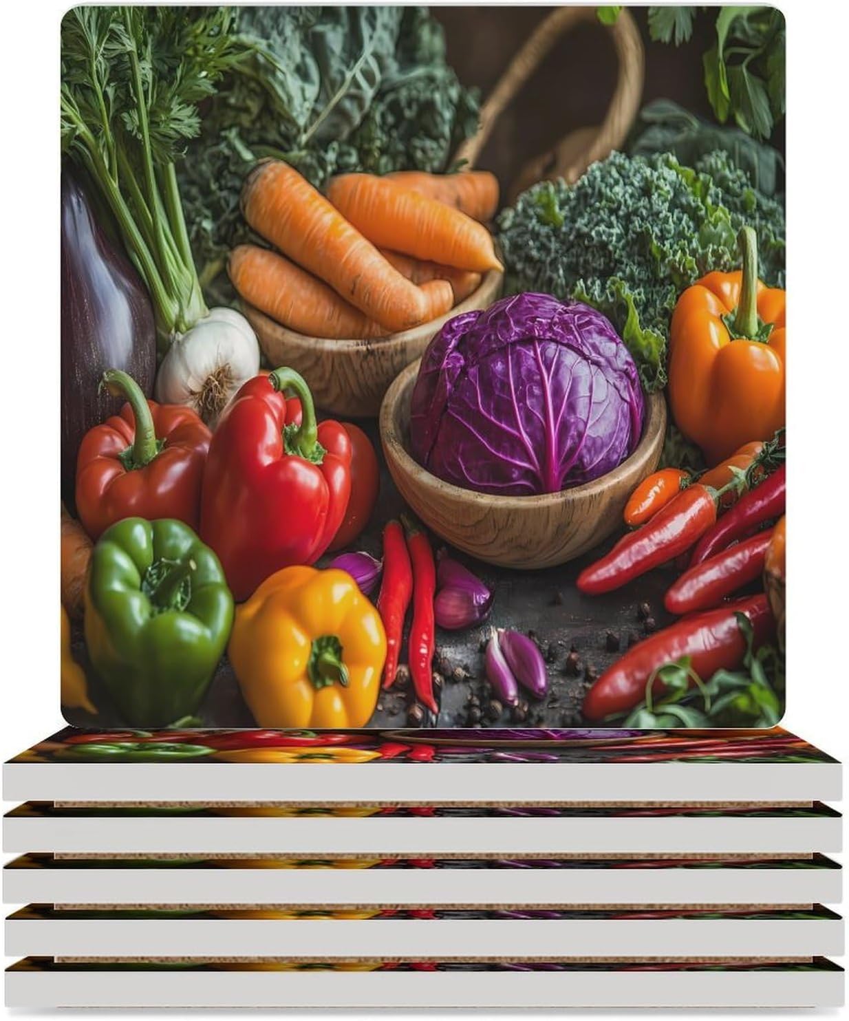 Root Crops Vegetables Ceramic Coasters Set Square Drink Coasters Table Coaster for Kitchen Desktop Decor