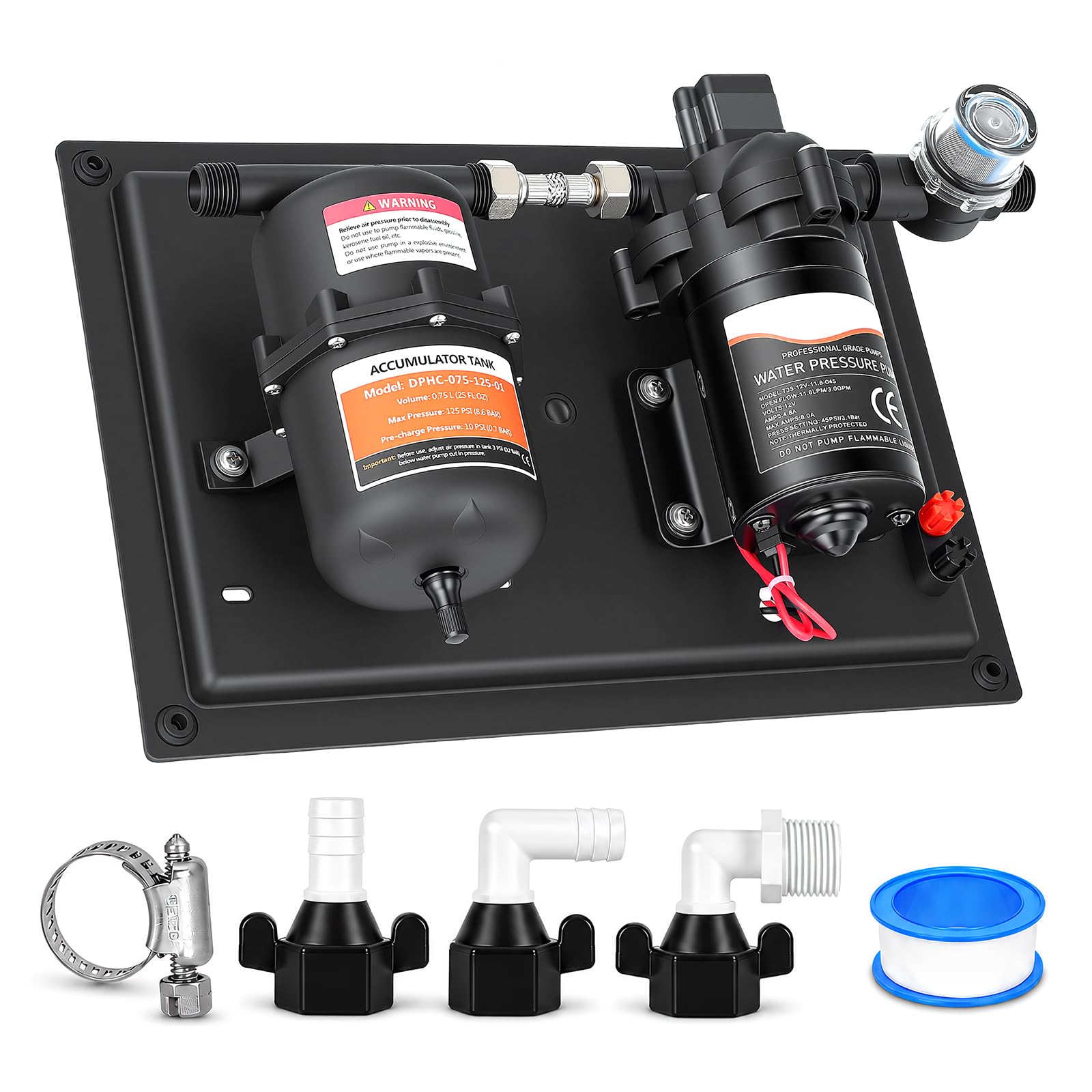 DC 12V Wasserdrucksystem mit 0,75L Druckspeicher, 3,0 GPM 50PSI Selbstansaugende Membranpumpe mit Filter & Druckeinstellung, leise Wasserversorgungspumpe für Wohnmobil, Boot, Garten, Camping