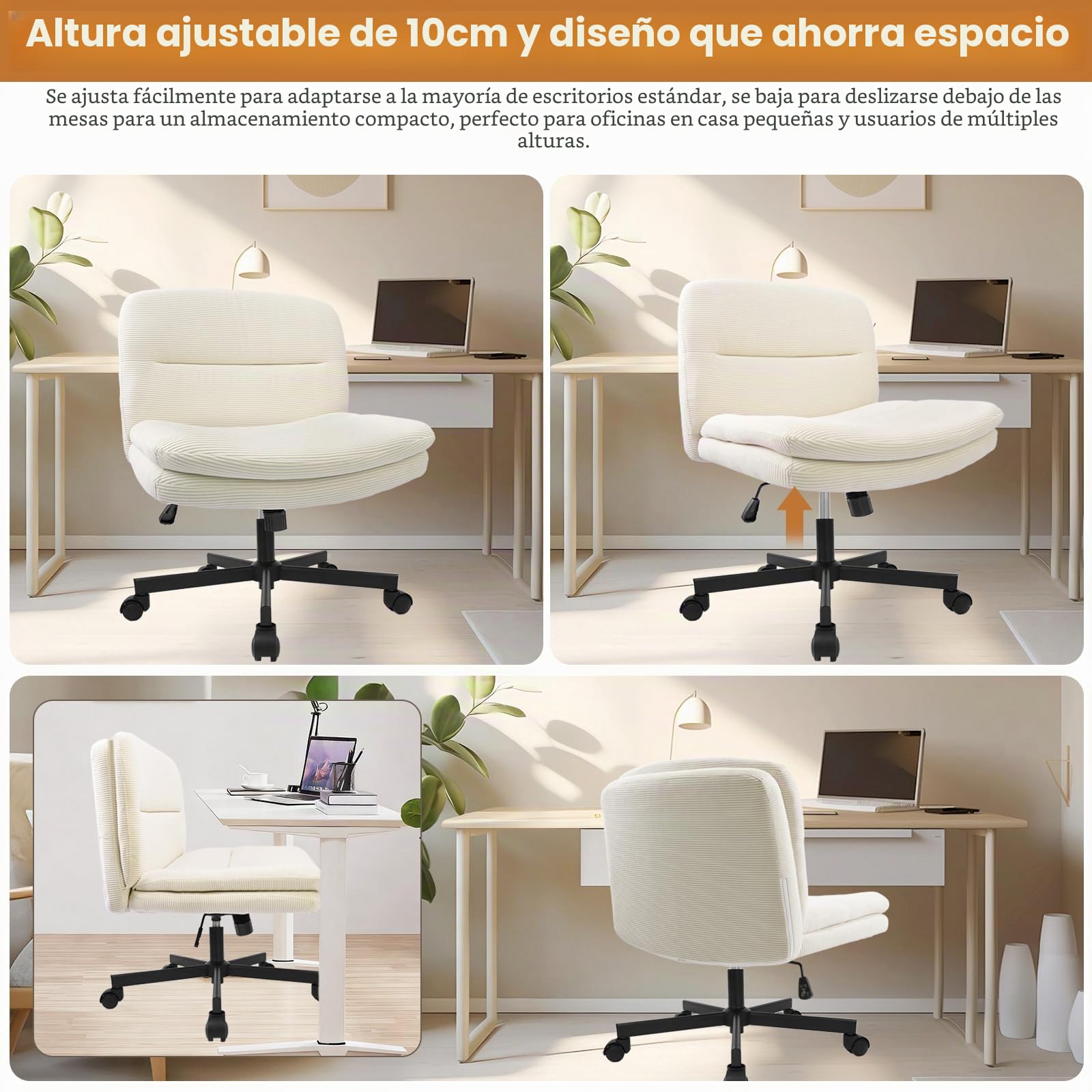 Durrafy Silla Oficina Ergonómica Sin Reposabrazos Beige, Silla Tocador y Maquillaje, Asiento Ancho para Piernas Cruzadas, Altura Ajustable, Giratoria 360°, Ruedas Silenciosas, Capacidad 136 kg