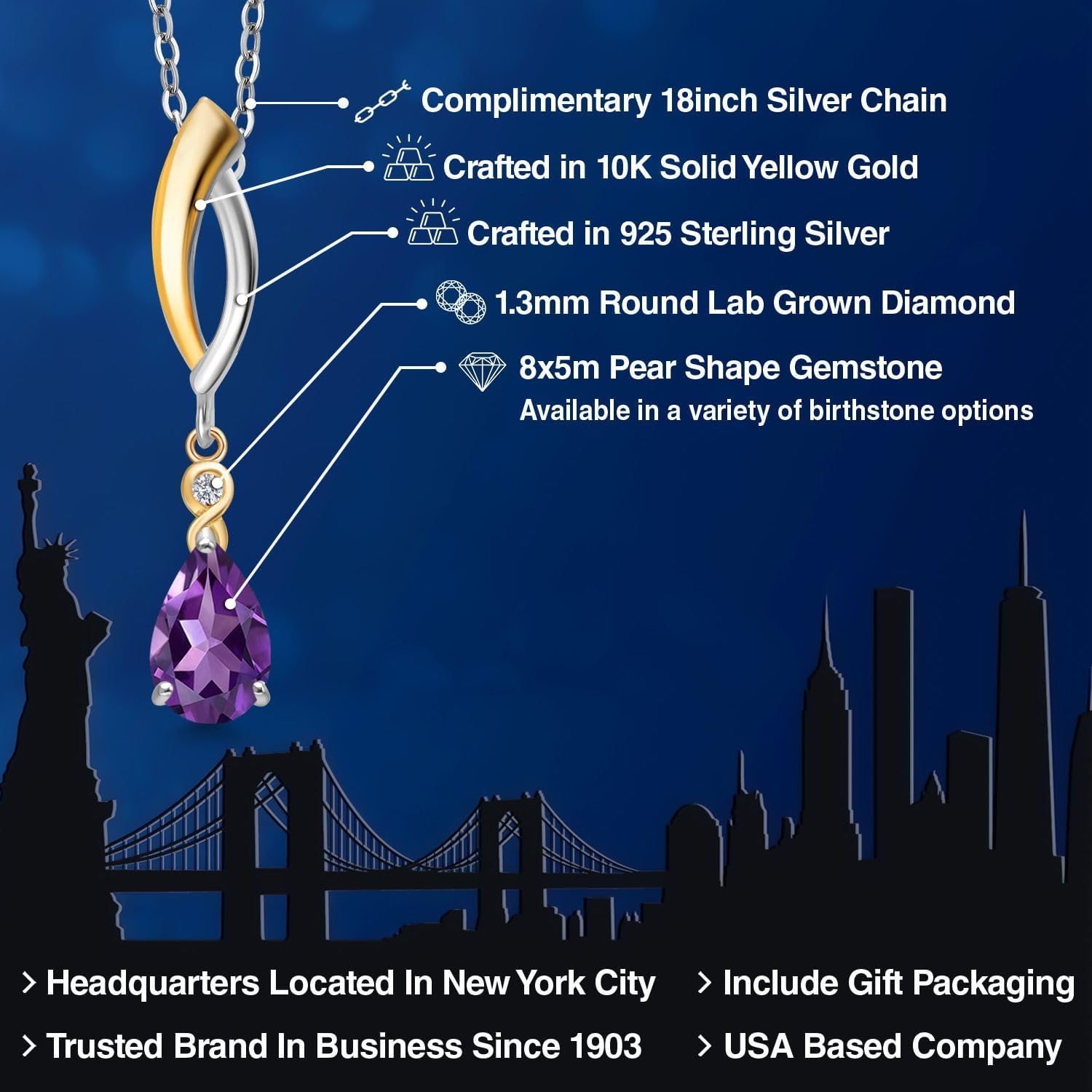 Gem Stone King 925 Silver and 10K Yellow Gold 8X5MM Pear Shape Gemstone Birthstone and White Lab Grown Diamond Pendant Necklace for Women | With 18 Inch Chain