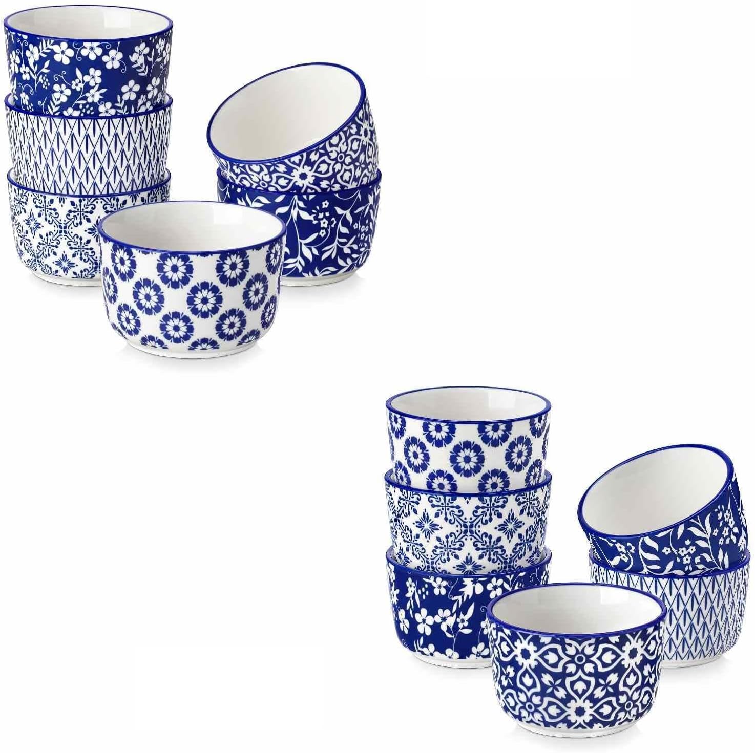 vancasso Selene Ceramic Ramekins Set of 6, Microwave & Dishwasher Safe Souffle Cups for Baking, Dip & Sauce, Desserts, Handcrafted Blue Floral Bowls, 6 oz and 4 oz