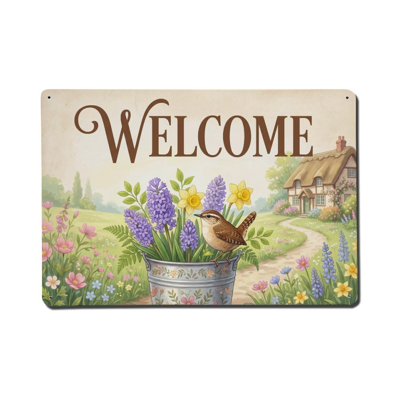 Vintage Welcome Wren Cheerful Greetings Metal Tin Sign