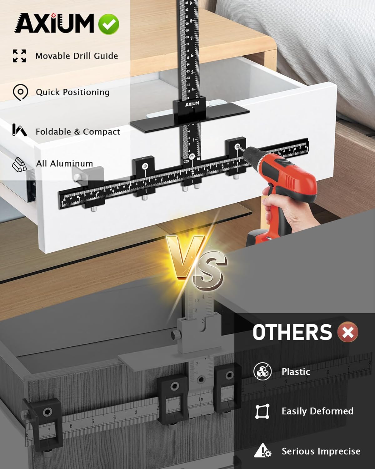 AXIUM Cabinet Hardware Jig, Aluminum Cabinet Handle Jig with Center Punch, Adjustable Drill Guide Template Tool for Drawer Knobs, Handles, and Pulls, Metal Woodworking Tools for Home Wood Working