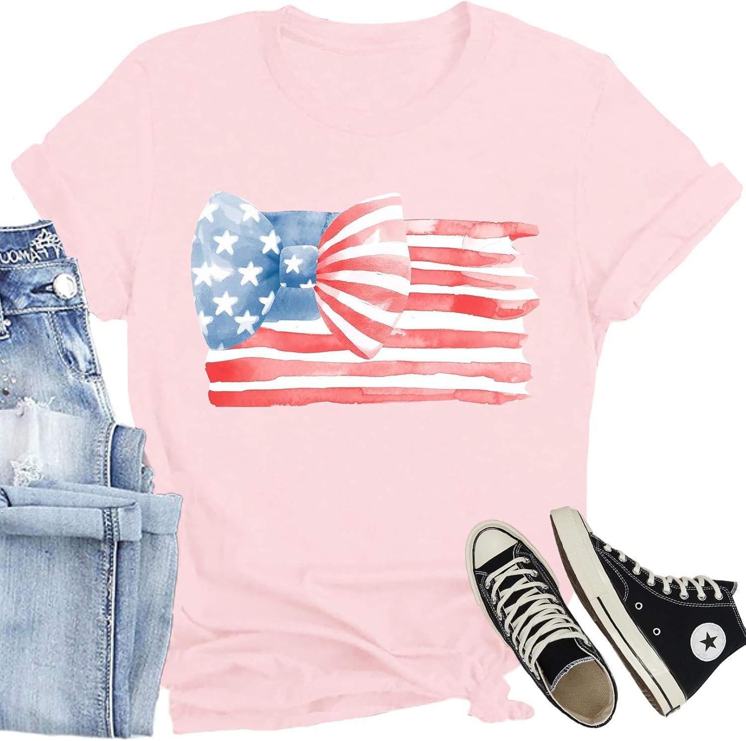 Women American Flag Patriotic T-Shirts Cute USA Bow...